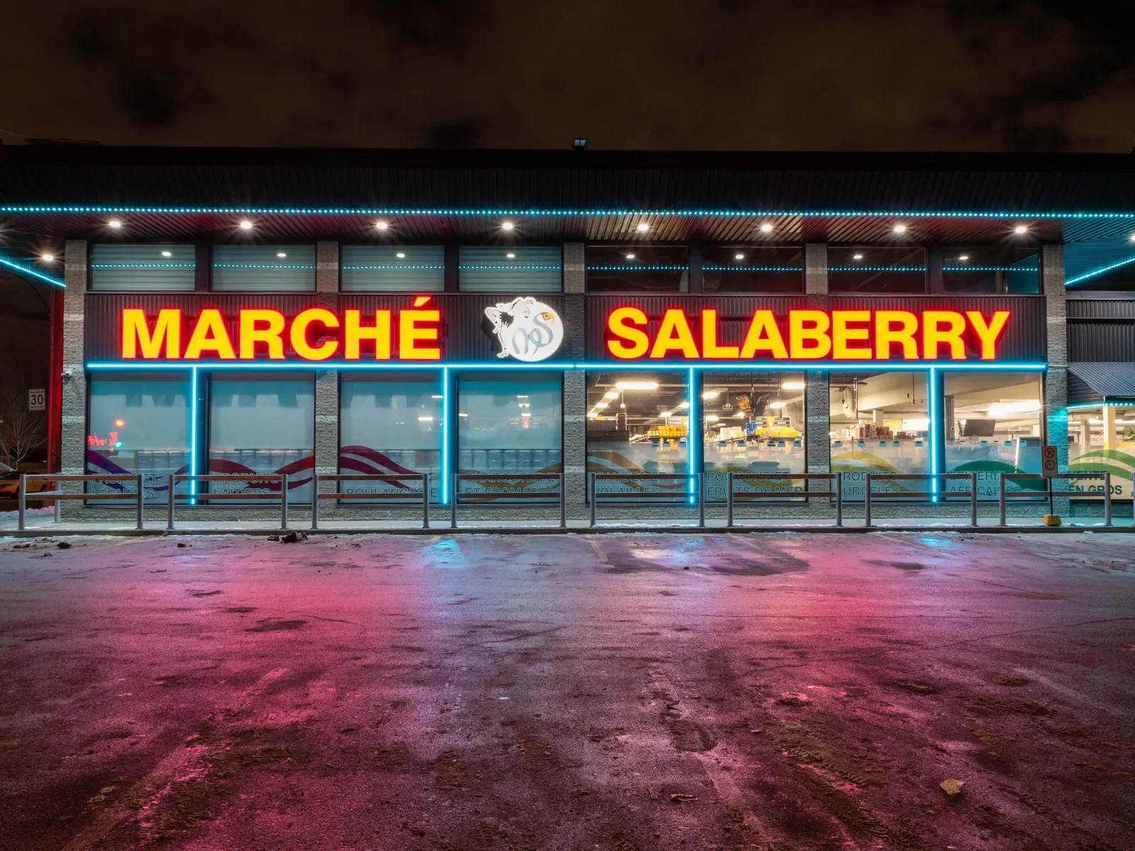 Vision Bleu permanent LED lighting on a commercial building — view 2