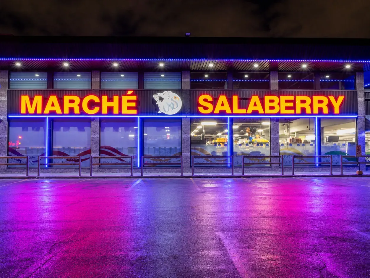 Vision Bleu permanent LED lighting on a commercial building — view 3