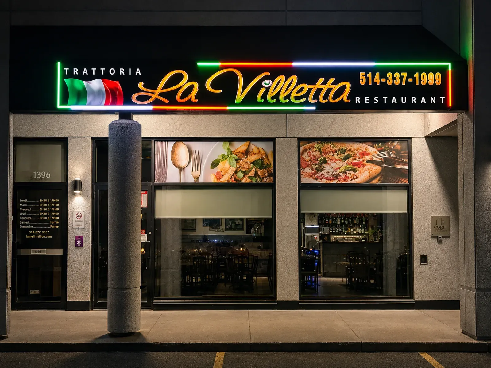 Vision Bleu permanent LED lighting on a restaurant exterior