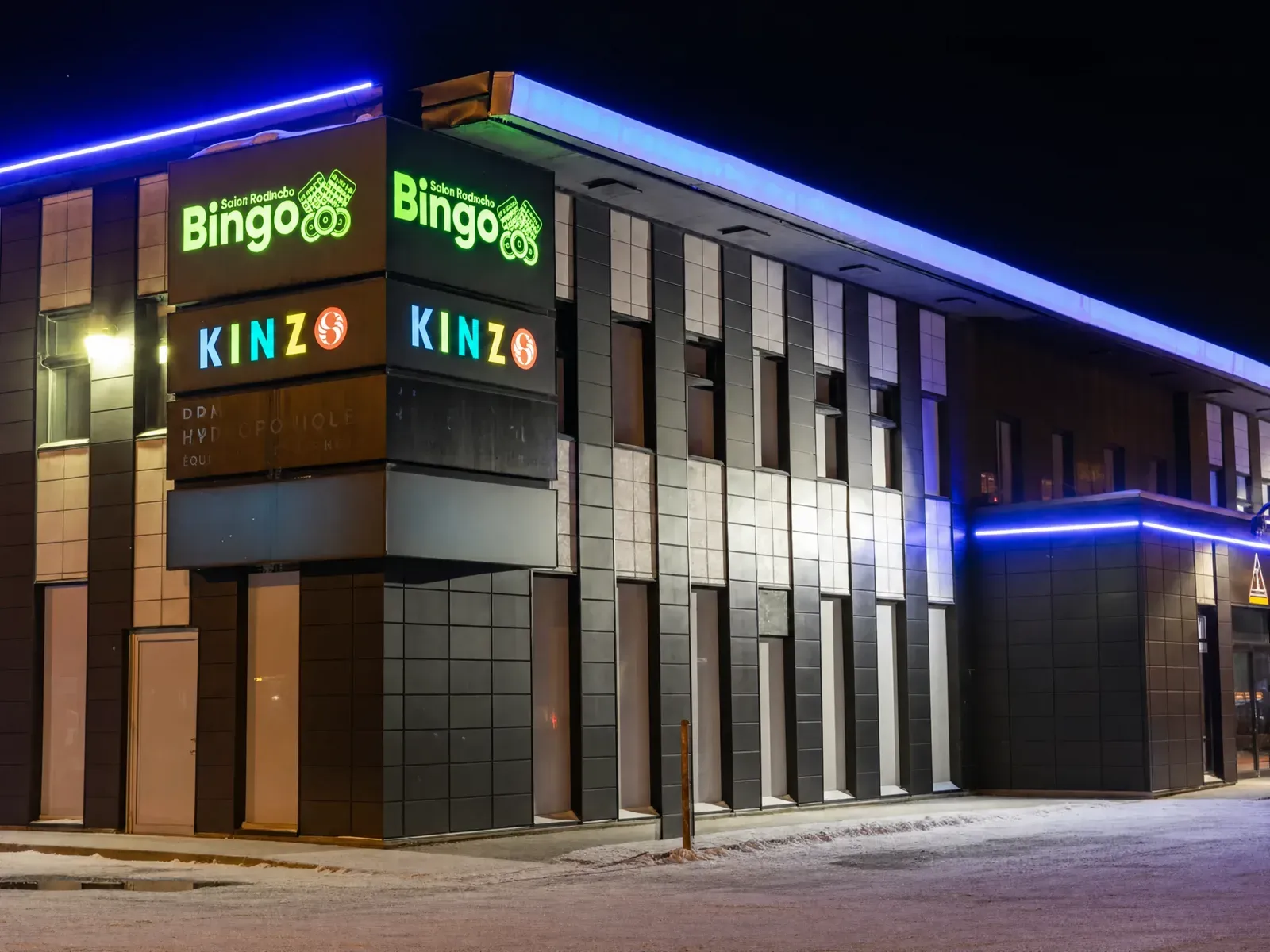 Vision Bleu permanent LED lighting on a commercial building
