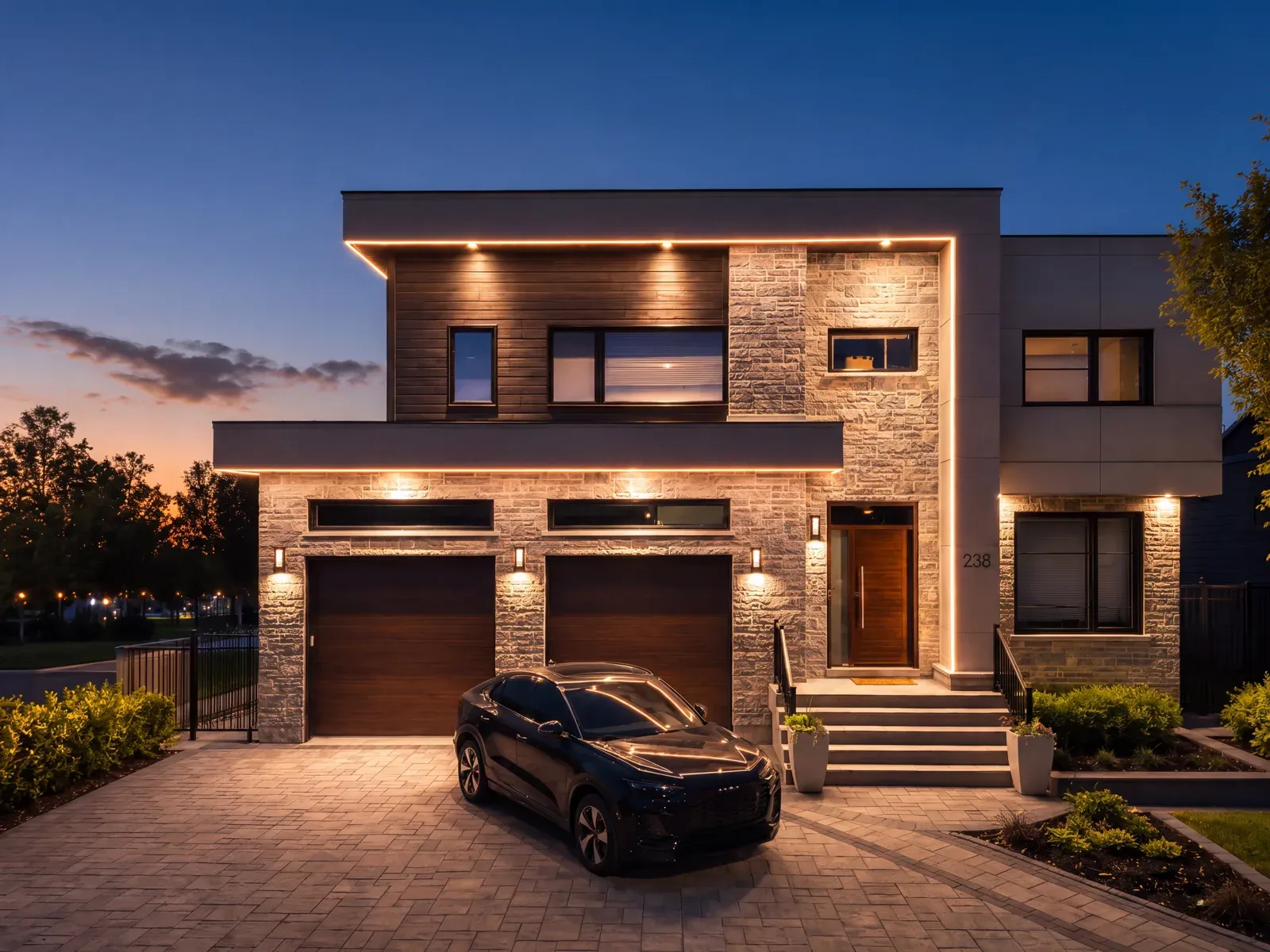 Vision Bleu permanent LED lighting on a Québec home