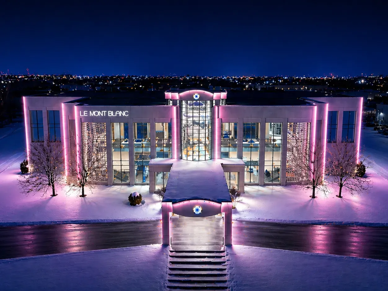 Vision Bleu permanent LED lighting on a commercial building — view 2