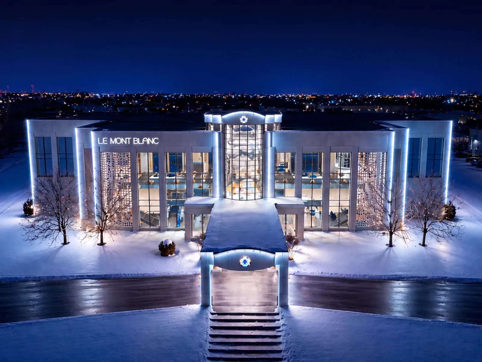 Vision Bleu permanent LED lighting on a commercial building — view 3