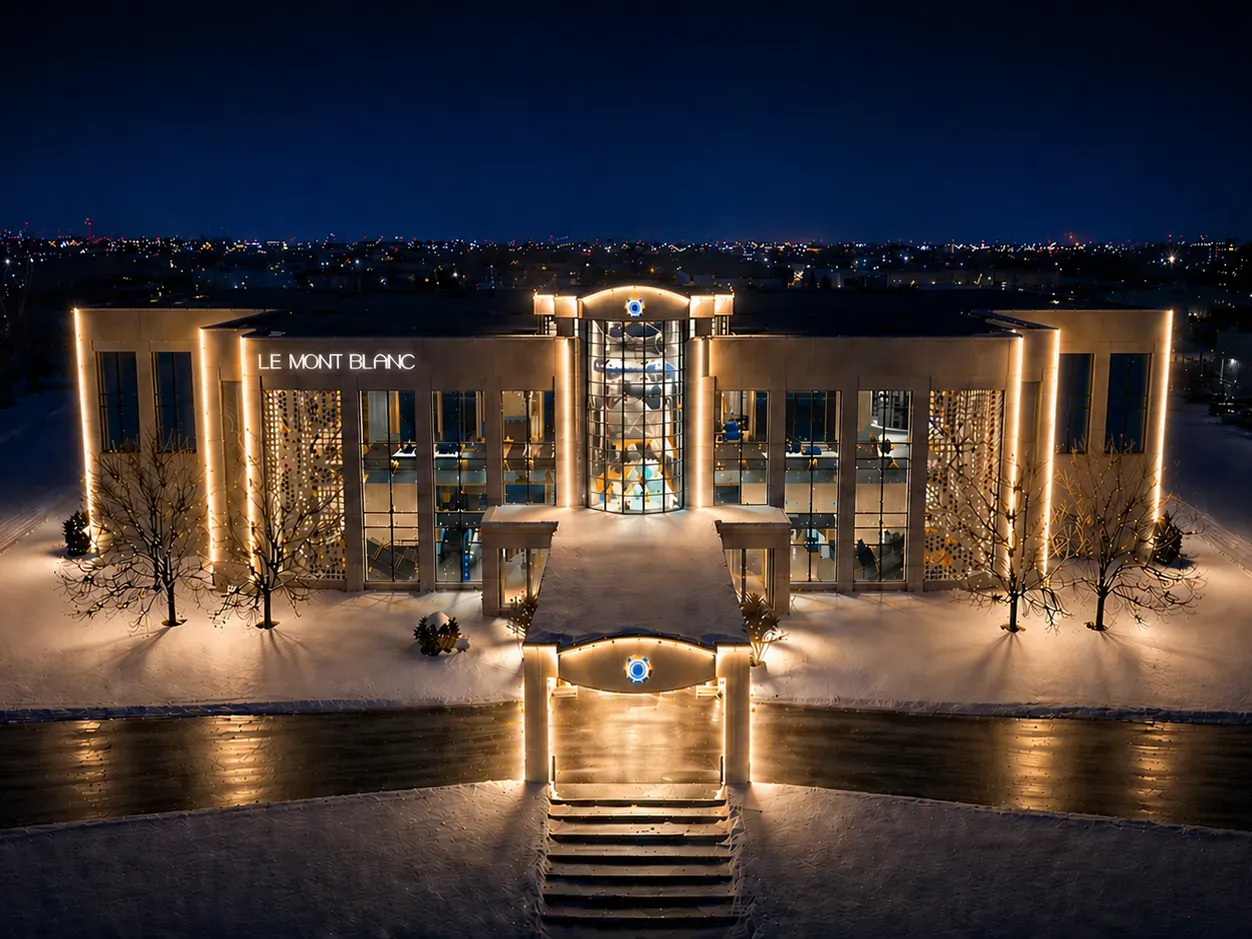 Vision Bleu permanent LED lighting on a commercial building