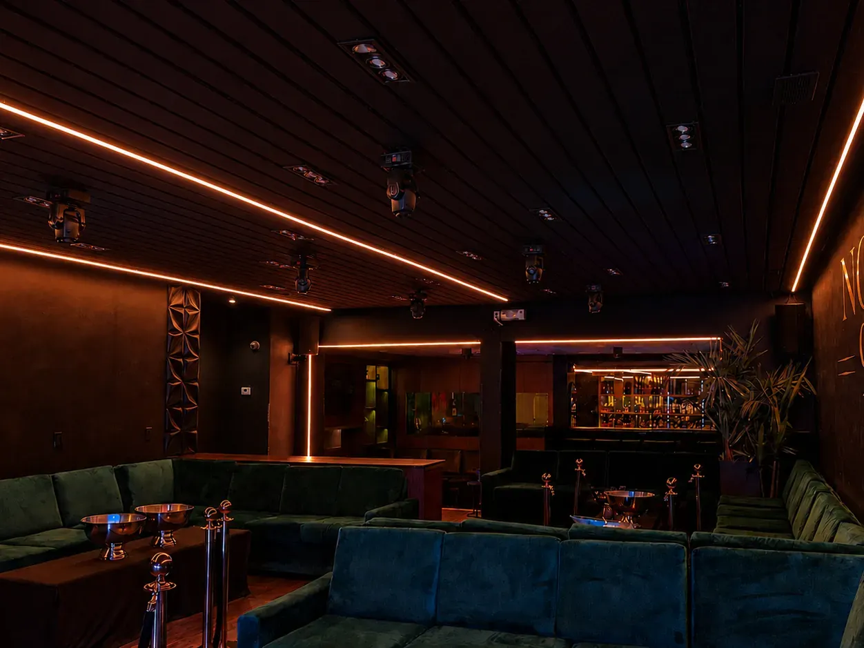 Vision Bleu permanent LED lighting on a restaurant-bar, inside and out — view 2