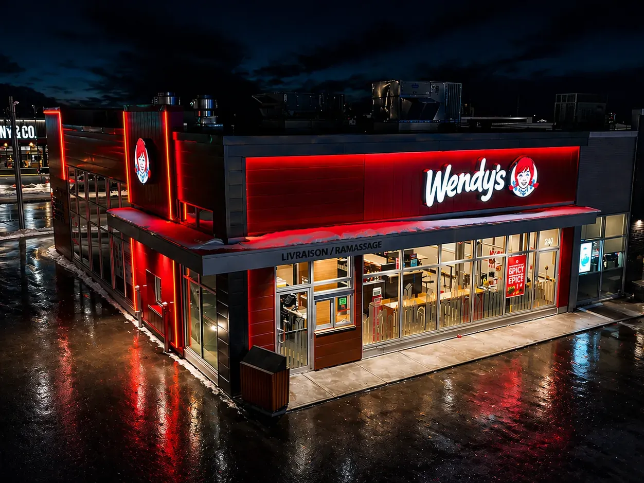 Vision Bleu permanent LED lighting on a restaurant exterior