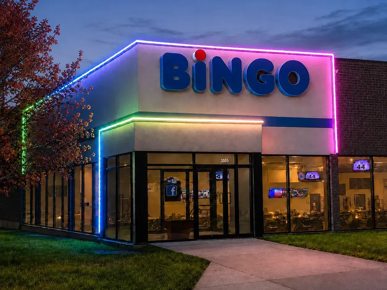Vision Bleu permanent LED lighting on a commercial building — view 3