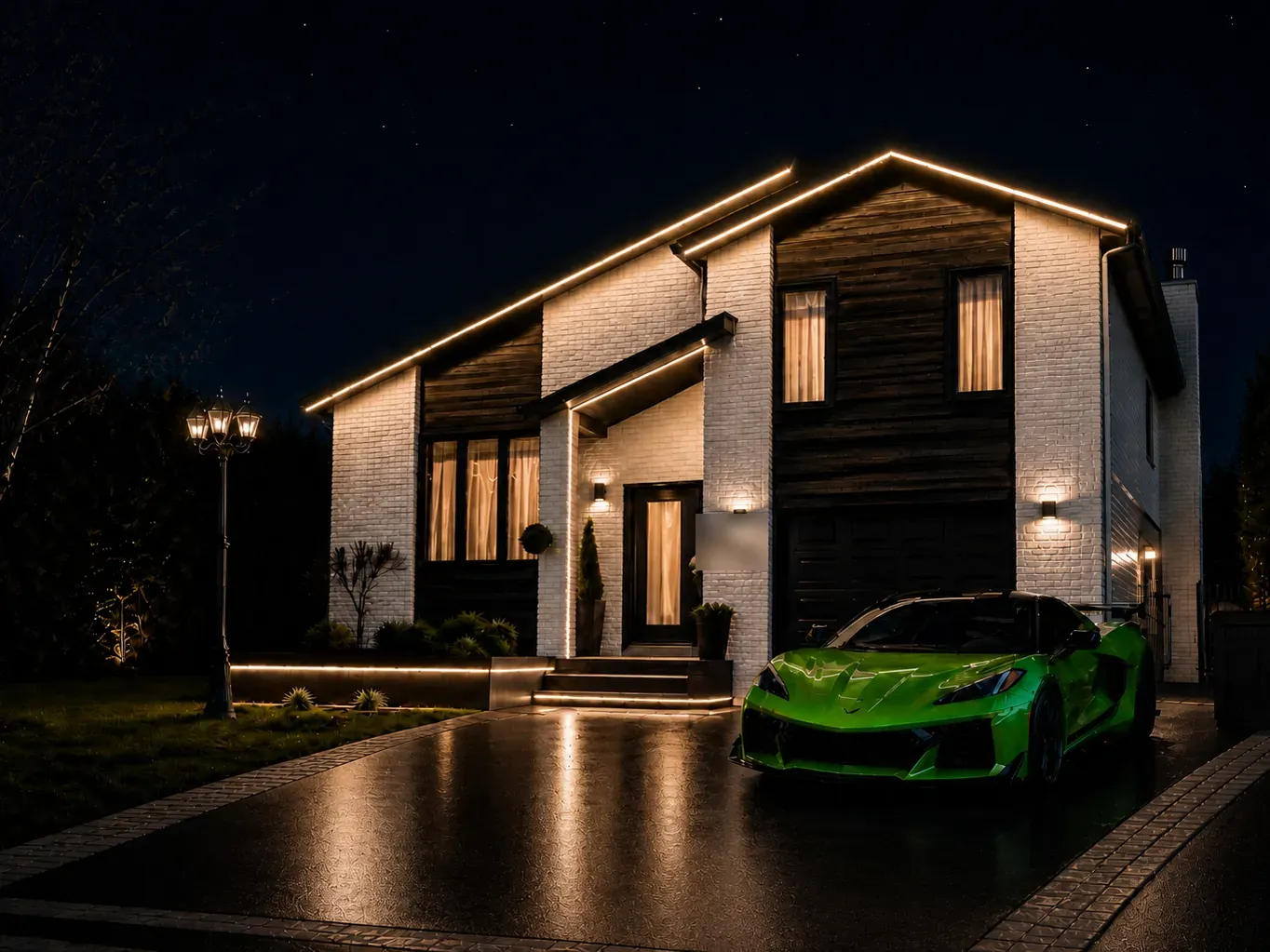 Vision Bleu permanent LED lighting on a Québec home