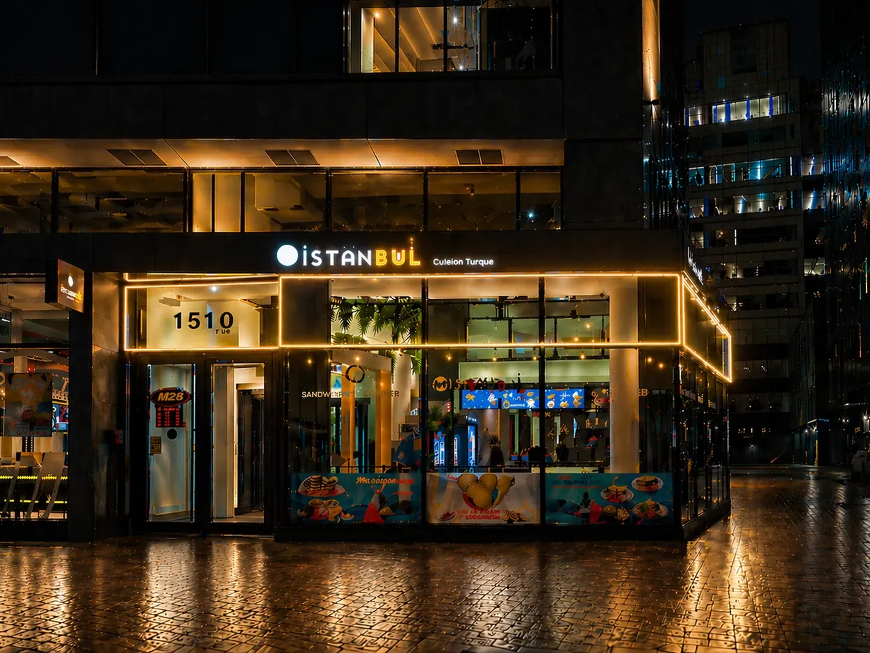 Vision Bleu permanent LED lighting on a restaurant exterior — view 2