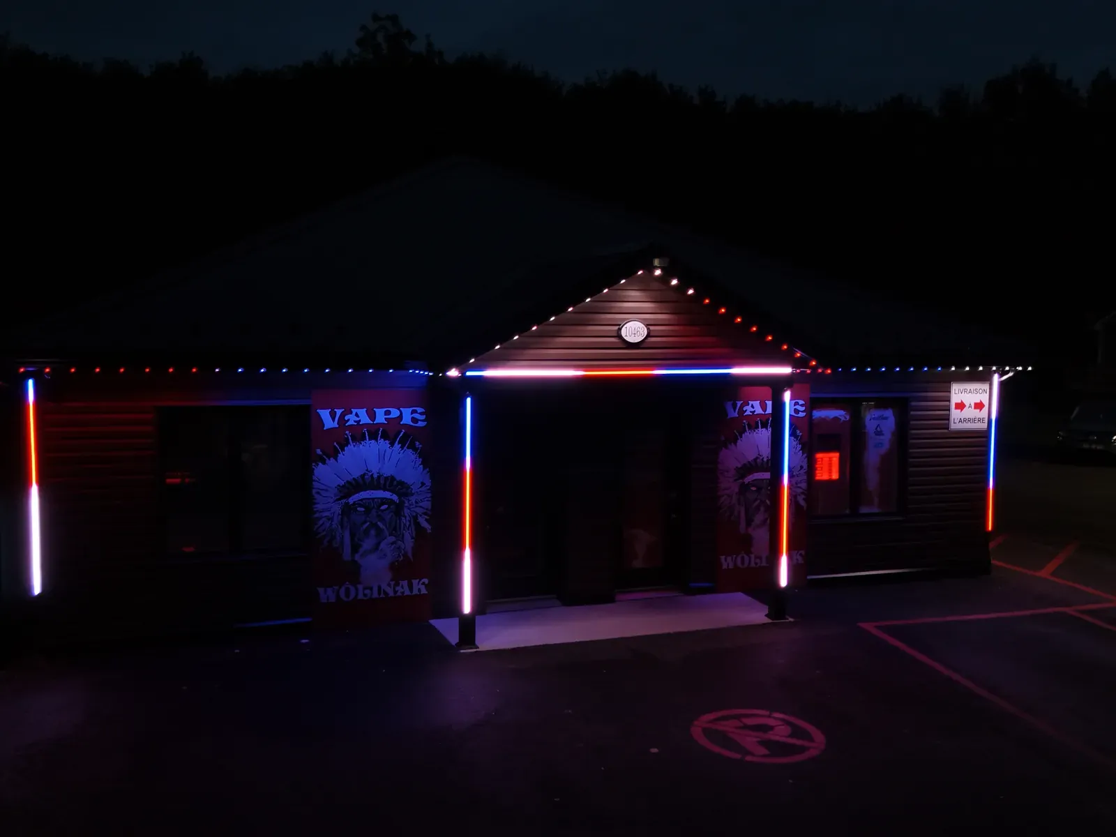 Vision Bleu permanent LED lighting on a commercial building — view 2