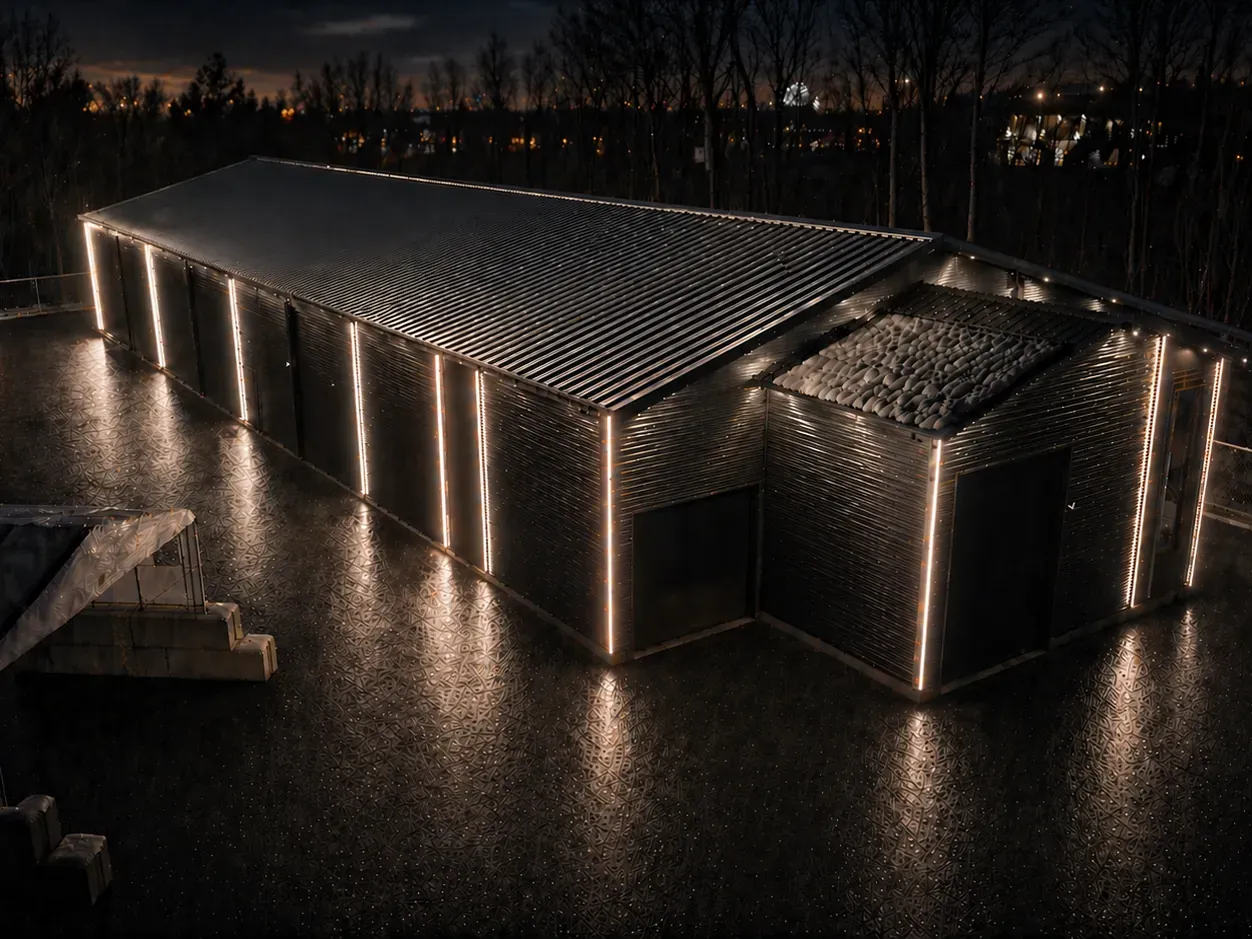 Vision Bleu permanent LED lighting on a commercial building