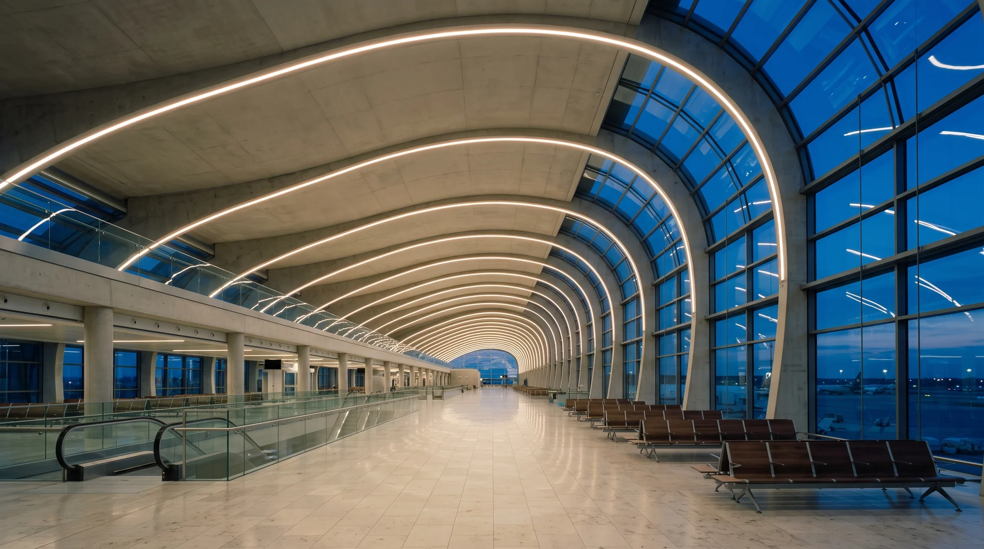 Illustration of a glazed airport terminal at dusk with long lines of ceiling light