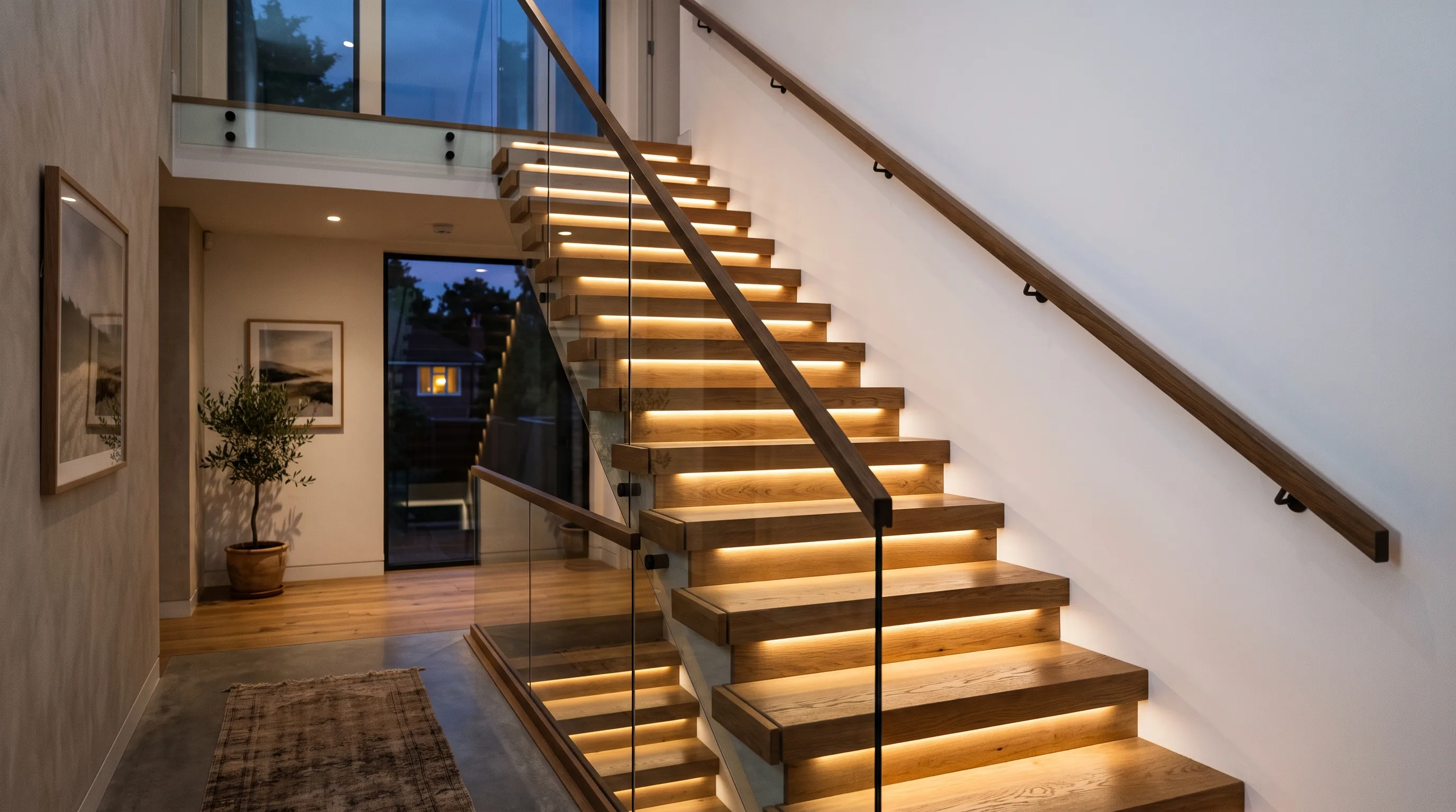 Escalier aux marches suspendues en noyer, une bande DEL blanc chaud continue sous chaque nez de marche, lumière se posant sur le plancher de béton poli