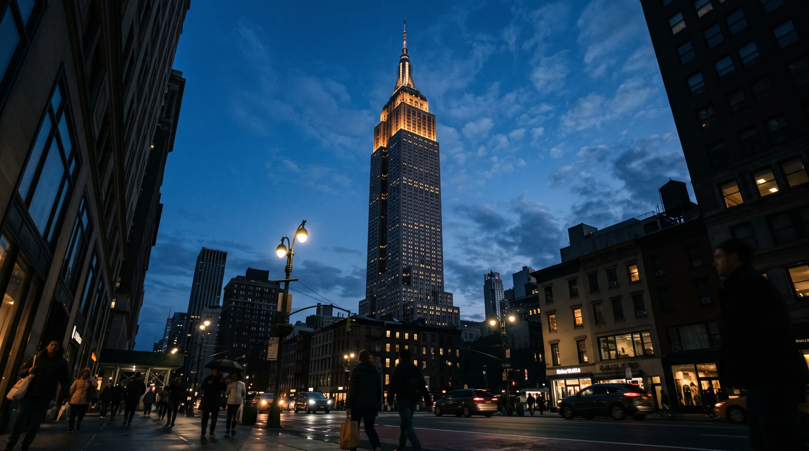 Un gratte-ciel art déco illuminé au crépuscule, sa flèche et ses bandes supérieures éclairées d'une couleur uniforme contre un ciel bleu nuit