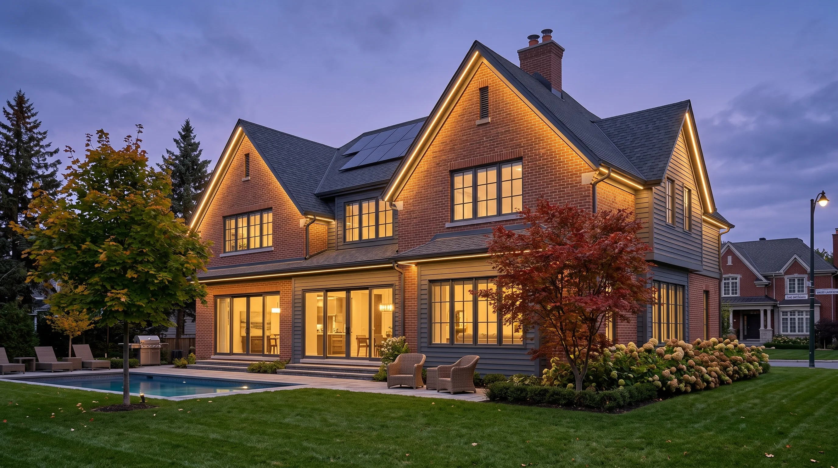 Rear of a stone home at dusk with the roofline and peaks outlined in warm white, a glass-railed patio and its step risers lit along the edges