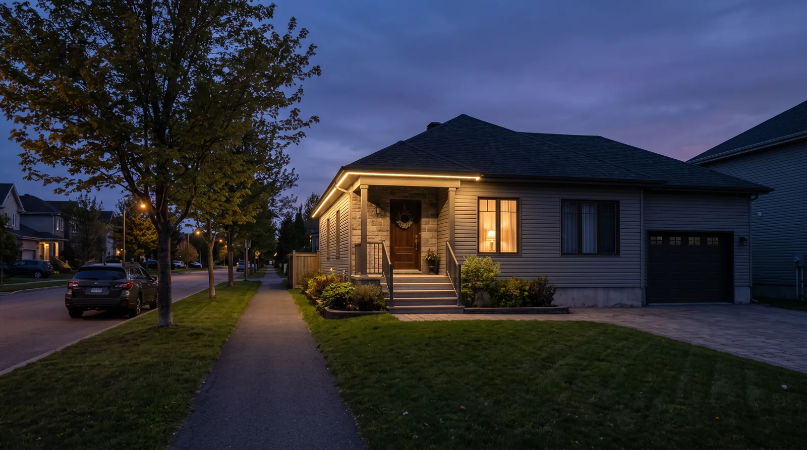A Québec suburban bungalow at dusk with warm-white light along the eave and over the porch, the sidewalk and street visible in front