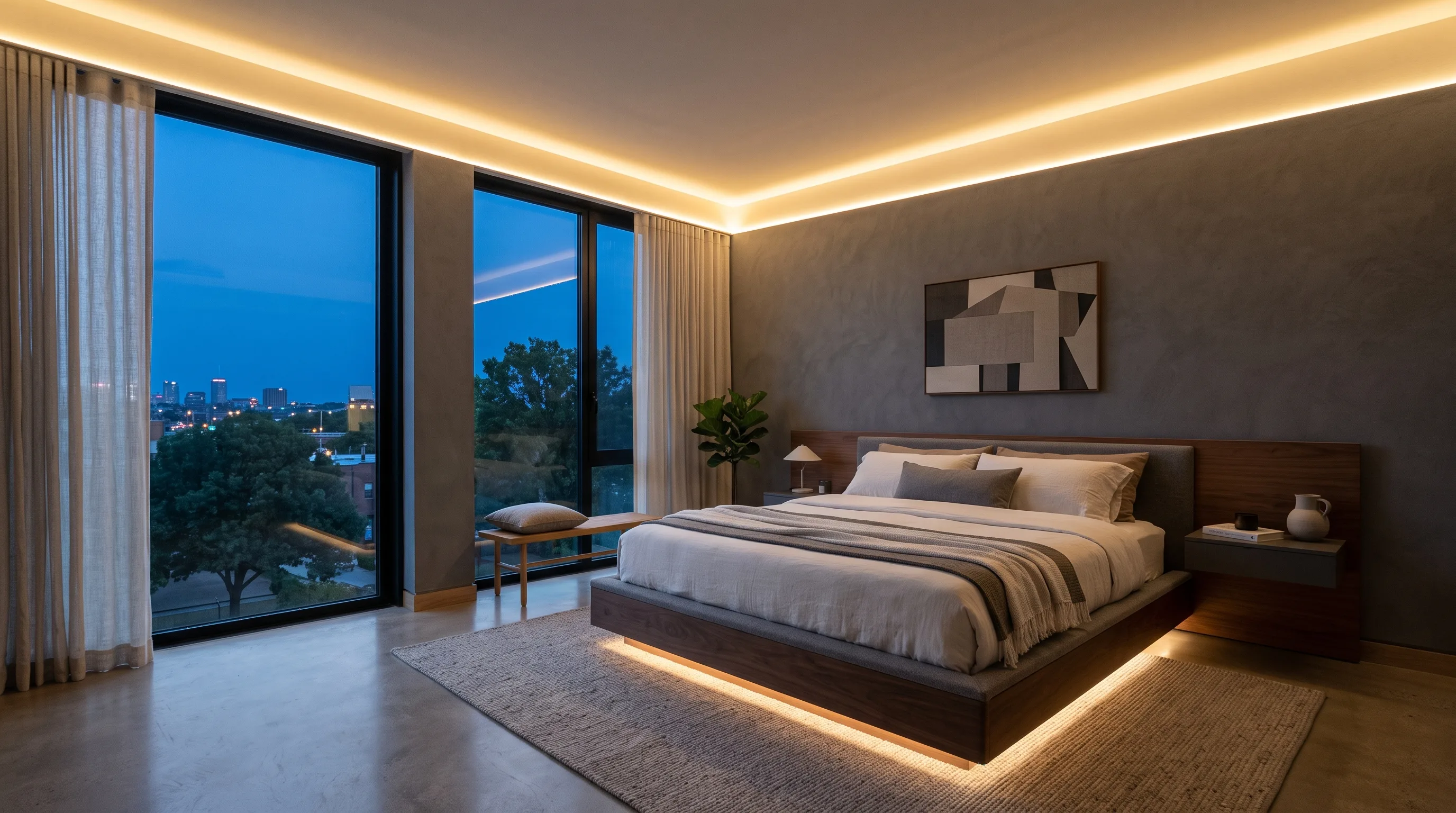Chambre principale au crépuscule avec une corniche DEL blanc chaud autour de la retombée de plafond, ouverte sur une salle de bain avec bain autoportant et douche vitrée