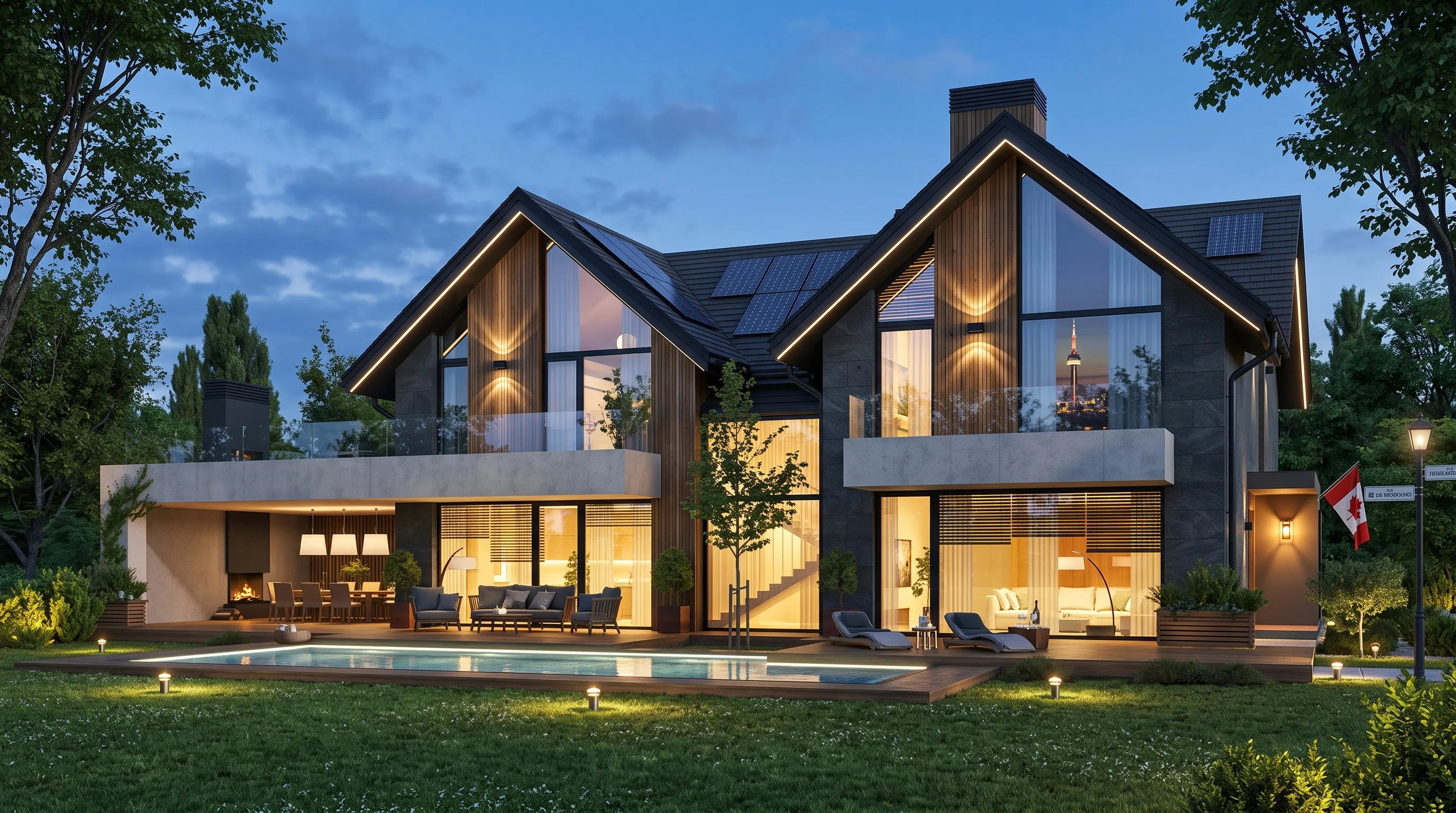 A house peak at night, the triangular top of a pitched roof outlined edge to edge in a continuous warm white LED line, wood siding above a stone base
