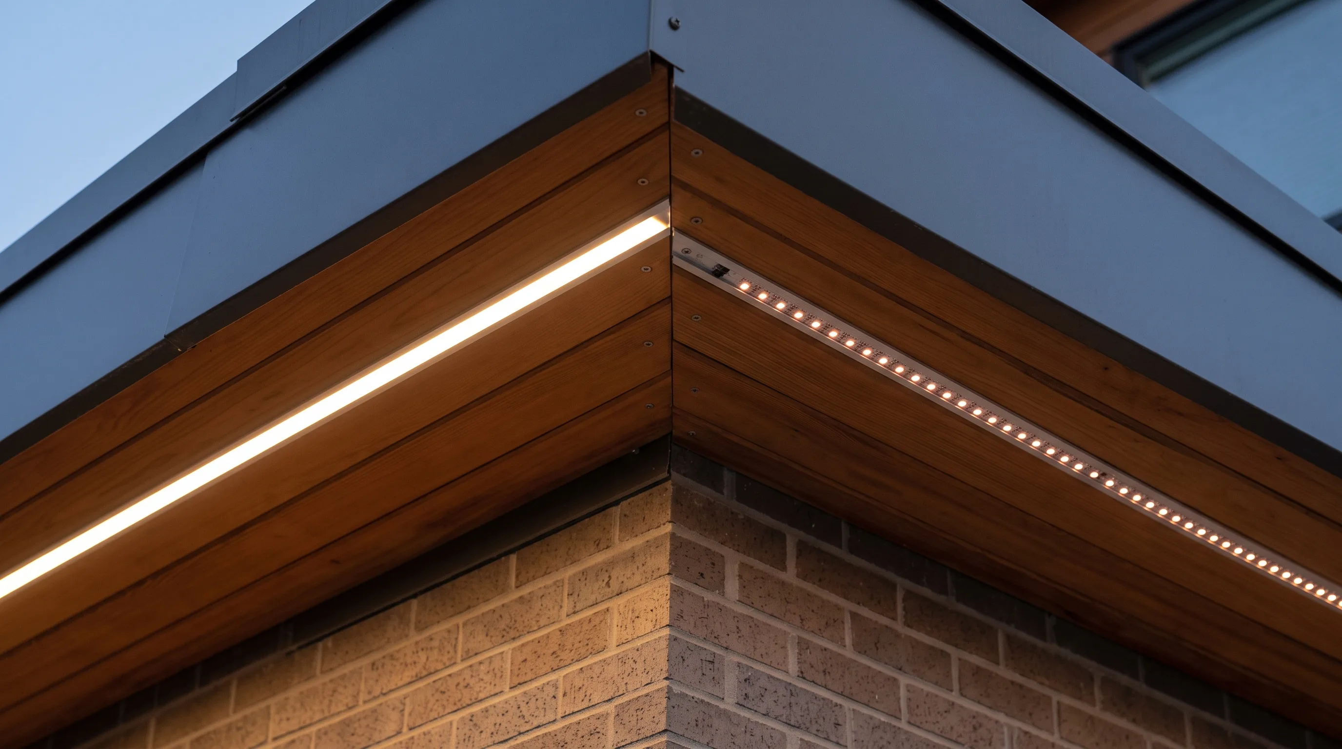 A soffit corner at dusk: a continuous warm-white light bar with no visible dots along the left arm, and a rail of separately visible warm-white points along the right