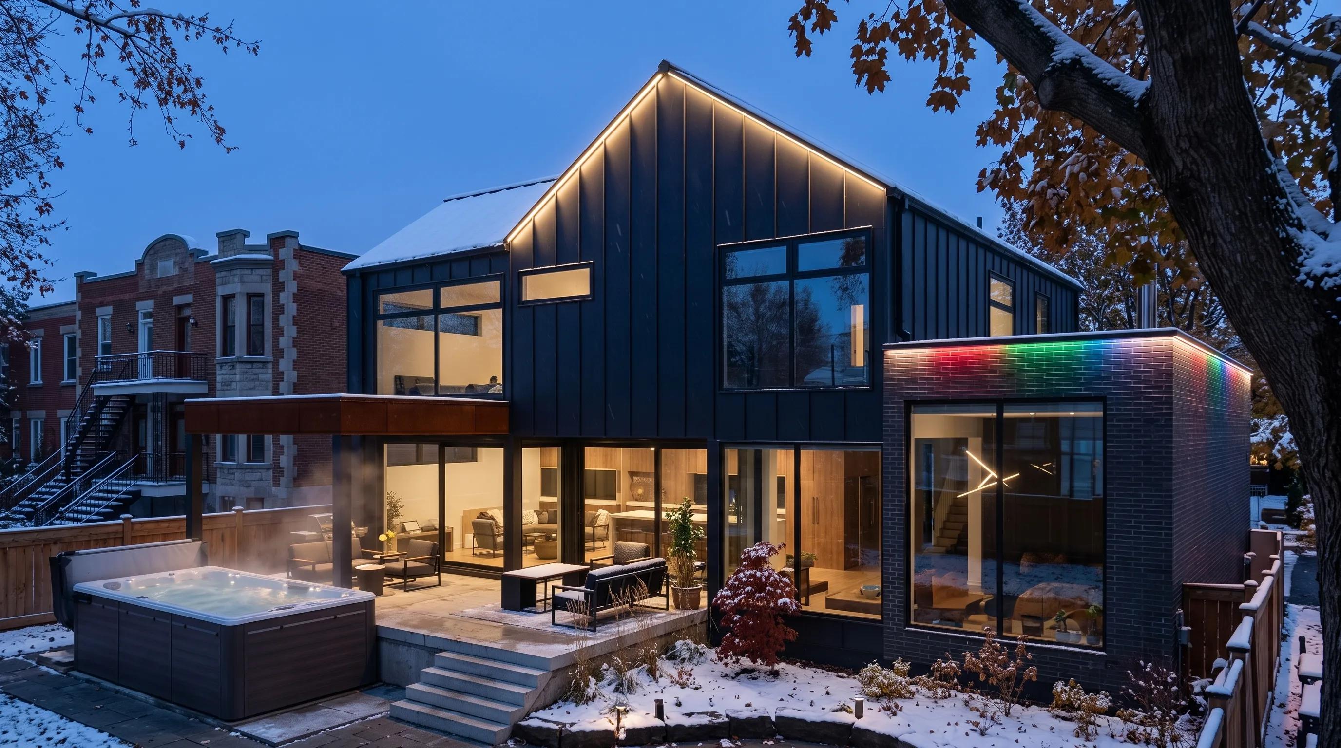 A modern home lit in blue, white and red along the roofline, columns and front steps at night