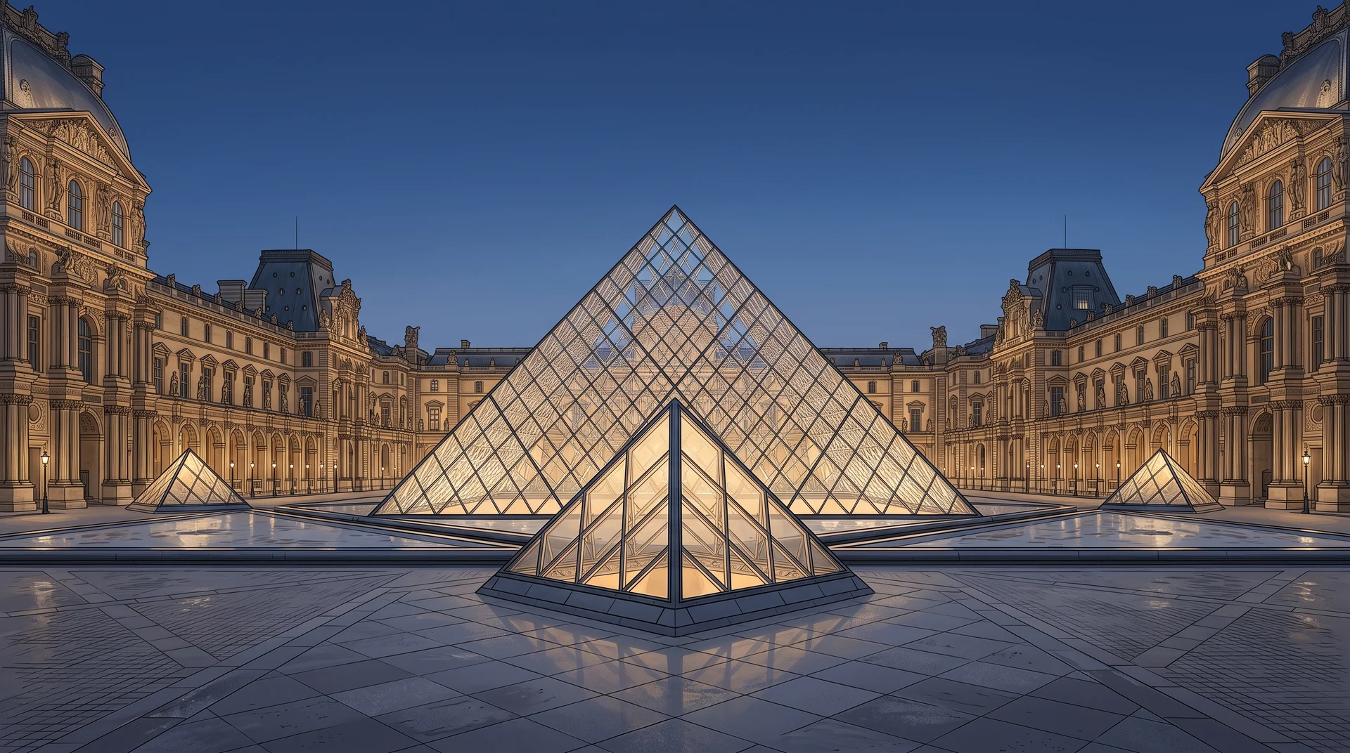 Illustration of the illuminated Louvre glass pyramid in its courtyard at dusk