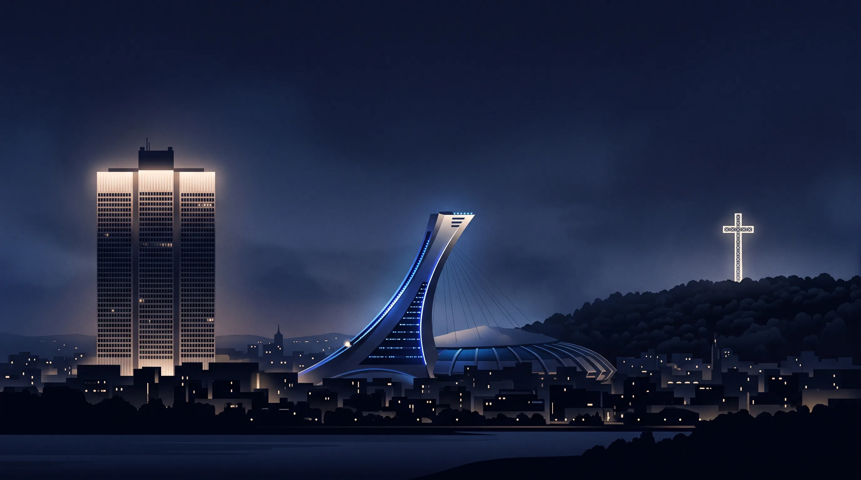 Night illustration of three Montréal silhouettes lit at dusk: a cruciform tower, a leaning mast and a cross on the mountain