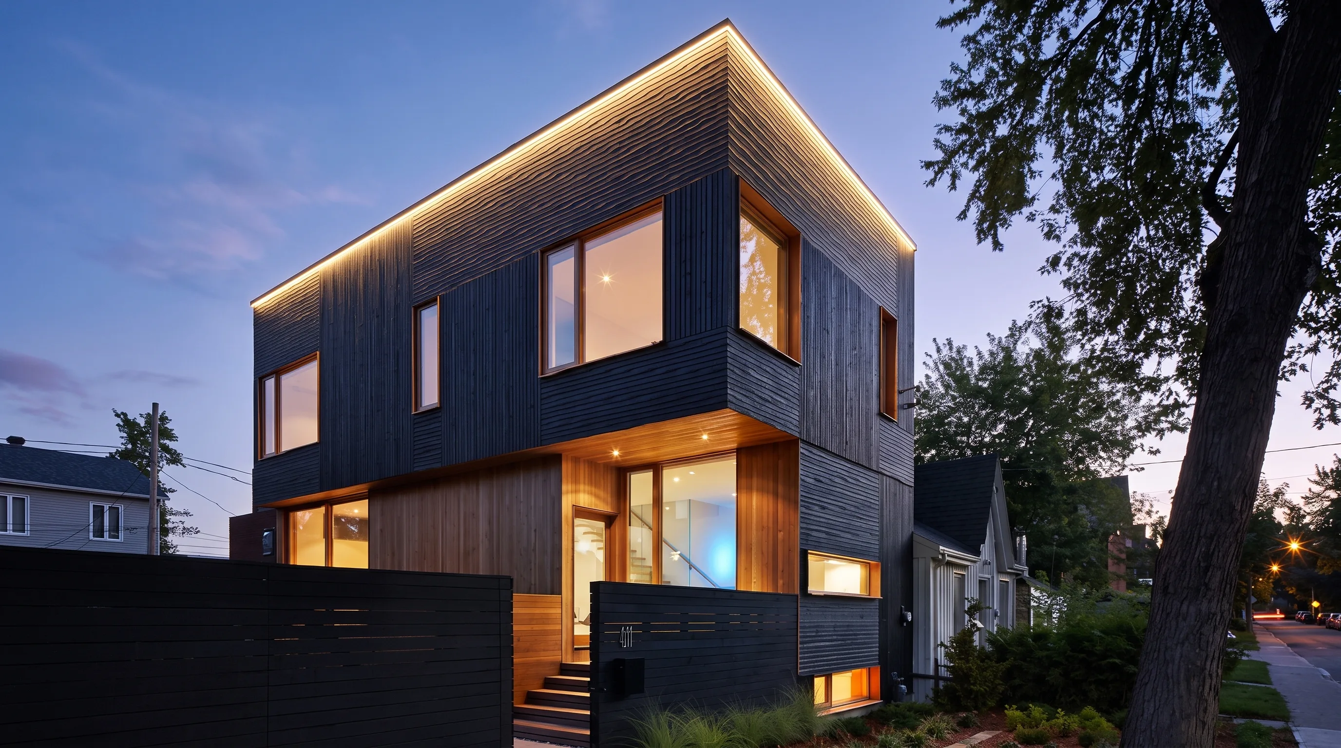 A modern Montreal home at dusk, its roofline underlined by one clean continuous line of warm-white LED lighting under the soffit