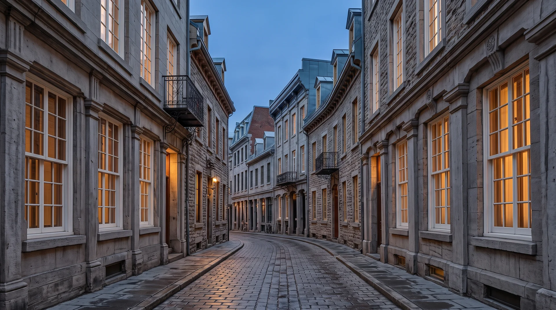 Illustration d'une rue inspirée du Vieux-Montréal et de ses façades de pierre éclairées la nuit