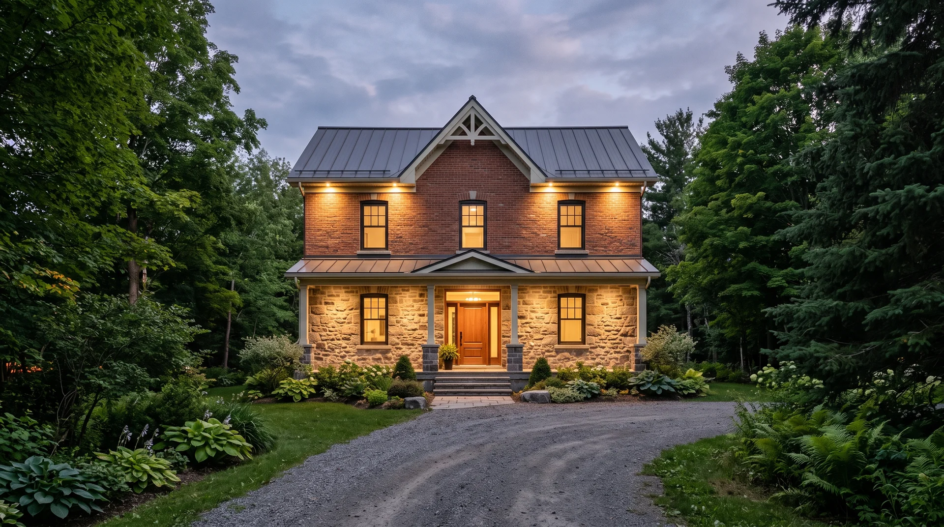 Illustration d'une maison québécoise au crépuscule, avec un éclairage discret le long des corniches