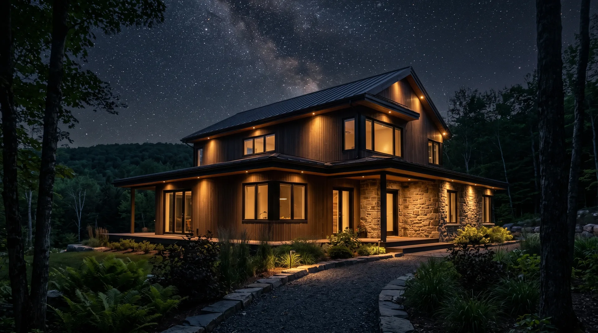 Illustration of a house lit downward beneath a star-filled sky, inspired by Québec's Eastern Townships