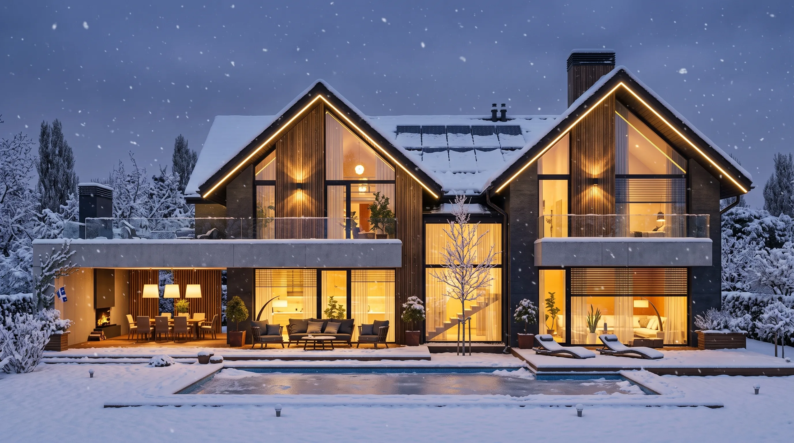 Snow-covered brick home at dusk with the roofline, porch and garage picked out in red, green and white