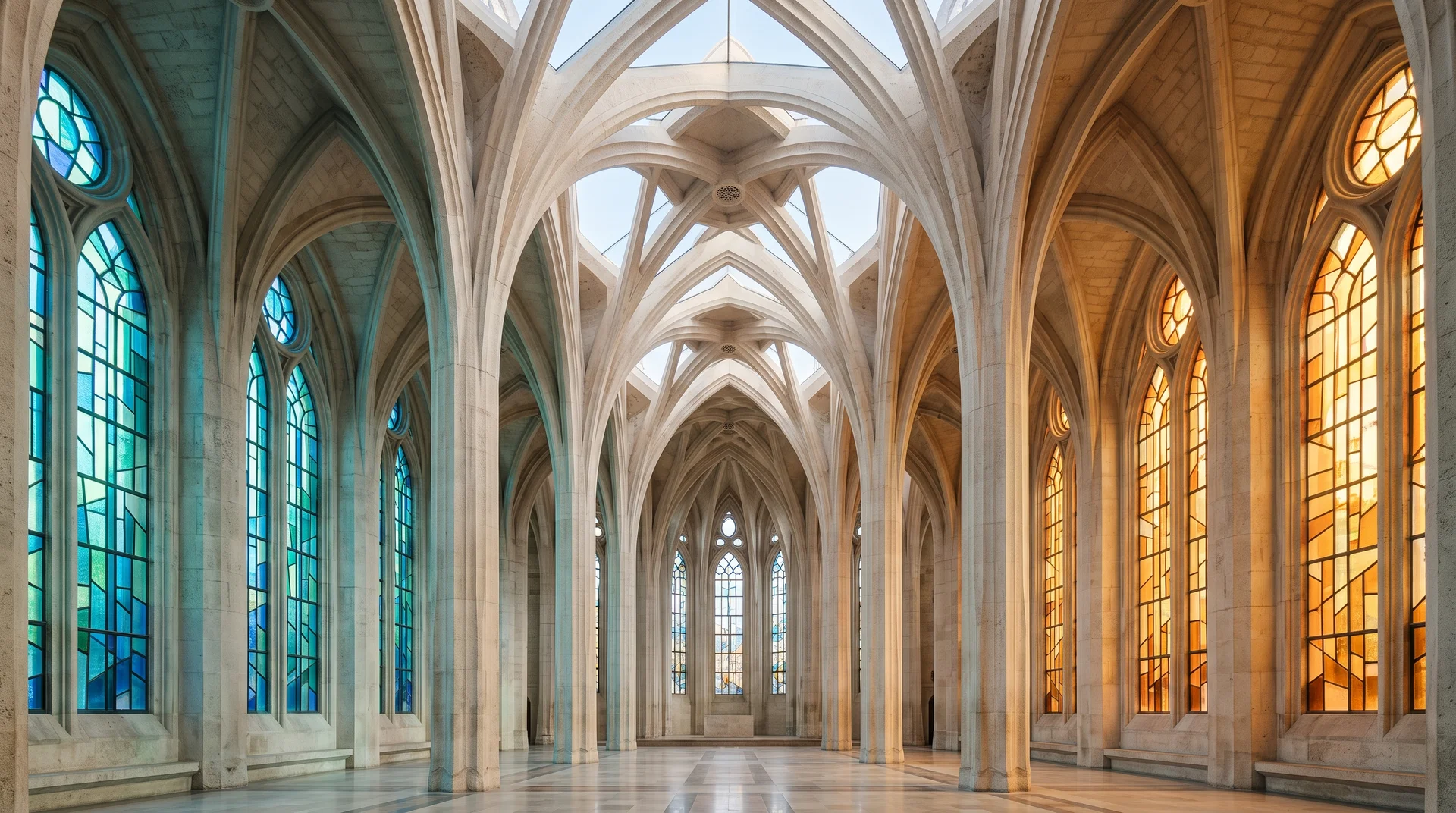 Illustration of an interior inspired by the Sagrada Família, with branching columns and coloured light
