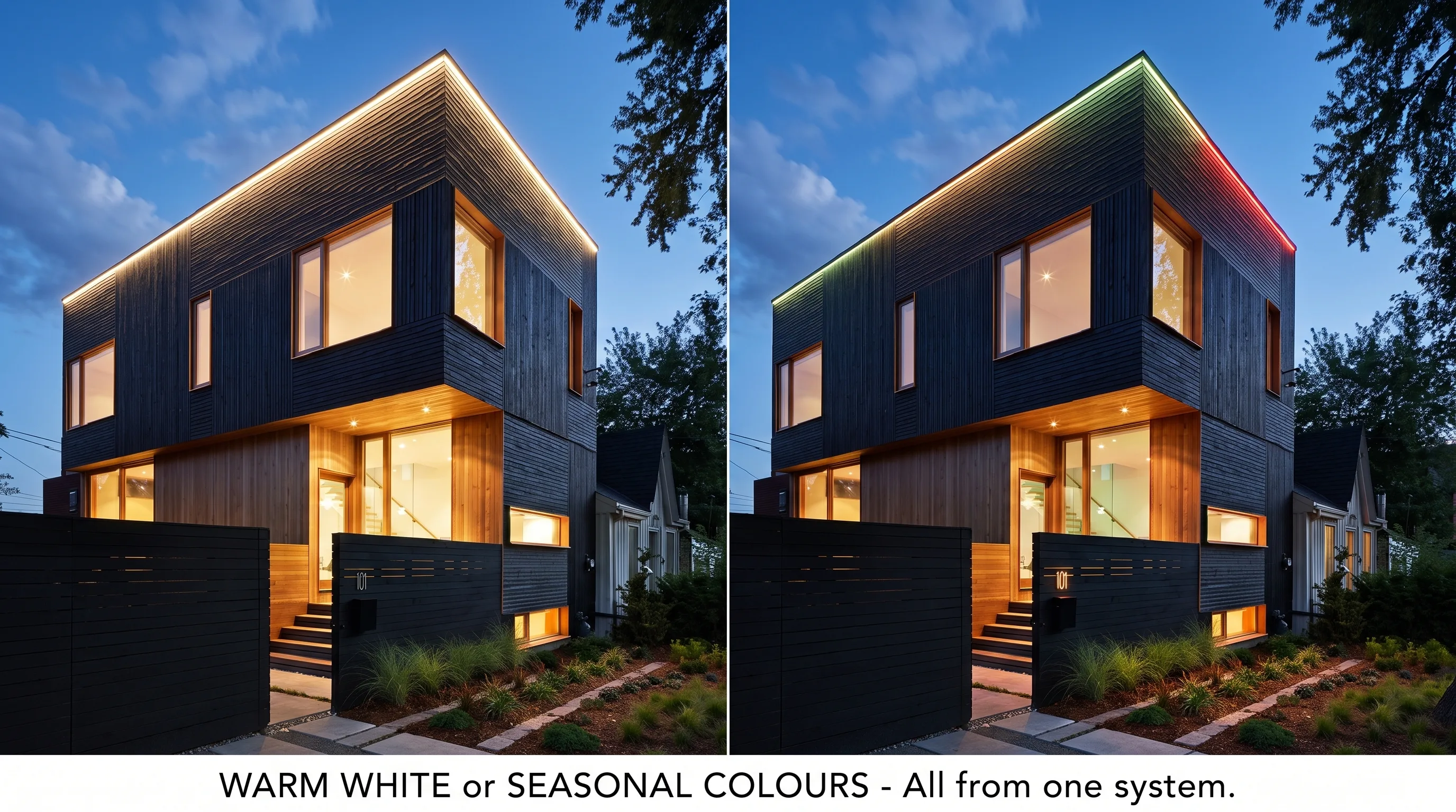 Two-panel comparison of the same dark-clad modern home at dusk: the roofline lit warm white on the left, the same roofline in red and green on the right, under a caption bar reading Warm white or seasonal colours - all from one system