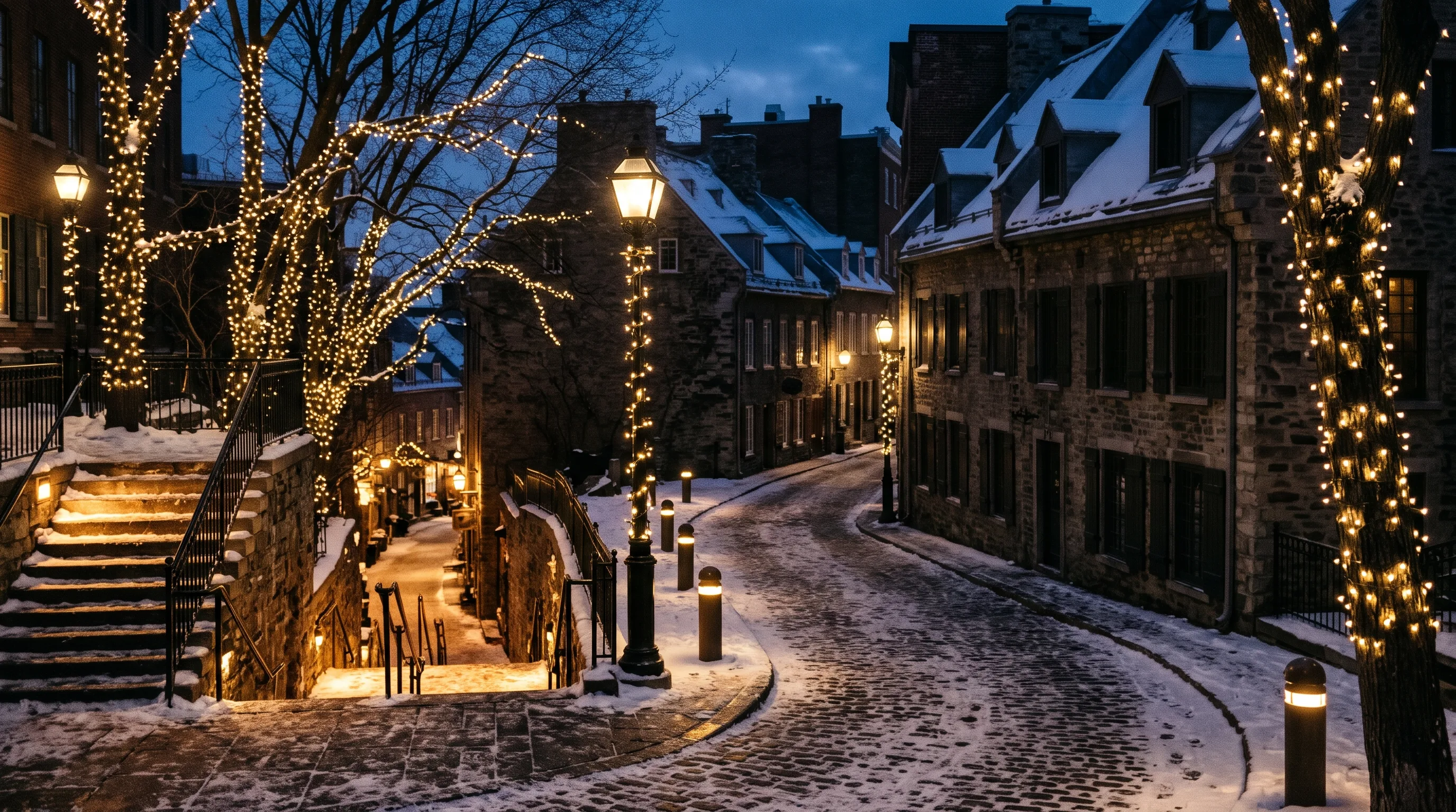 A narrow street in an old quarter in winter, with warm light strands in the trees and along the lampposts