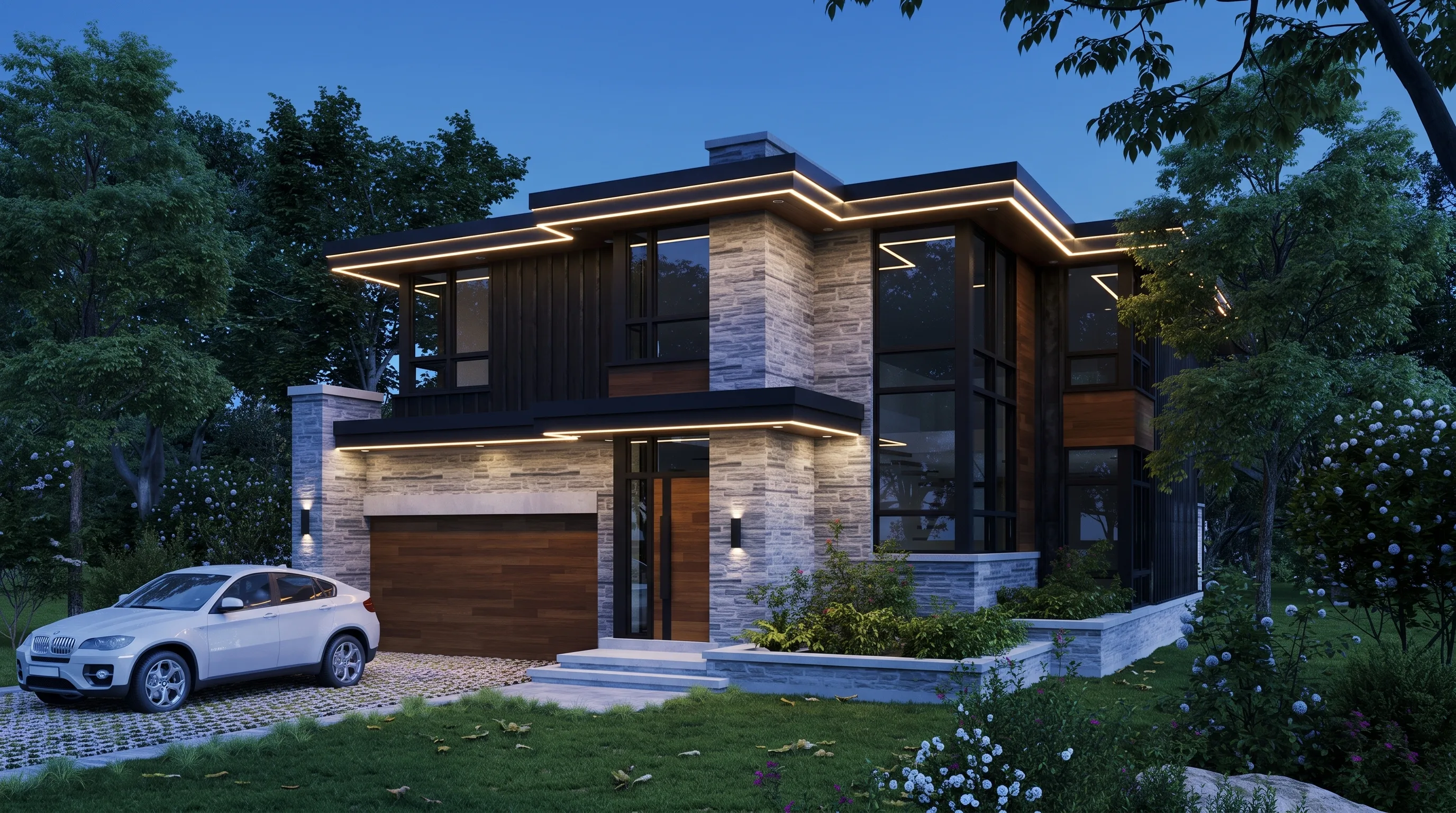The roof peaks of a brick home in daylight, with the lighting rail set into the soffit edge and barely visible