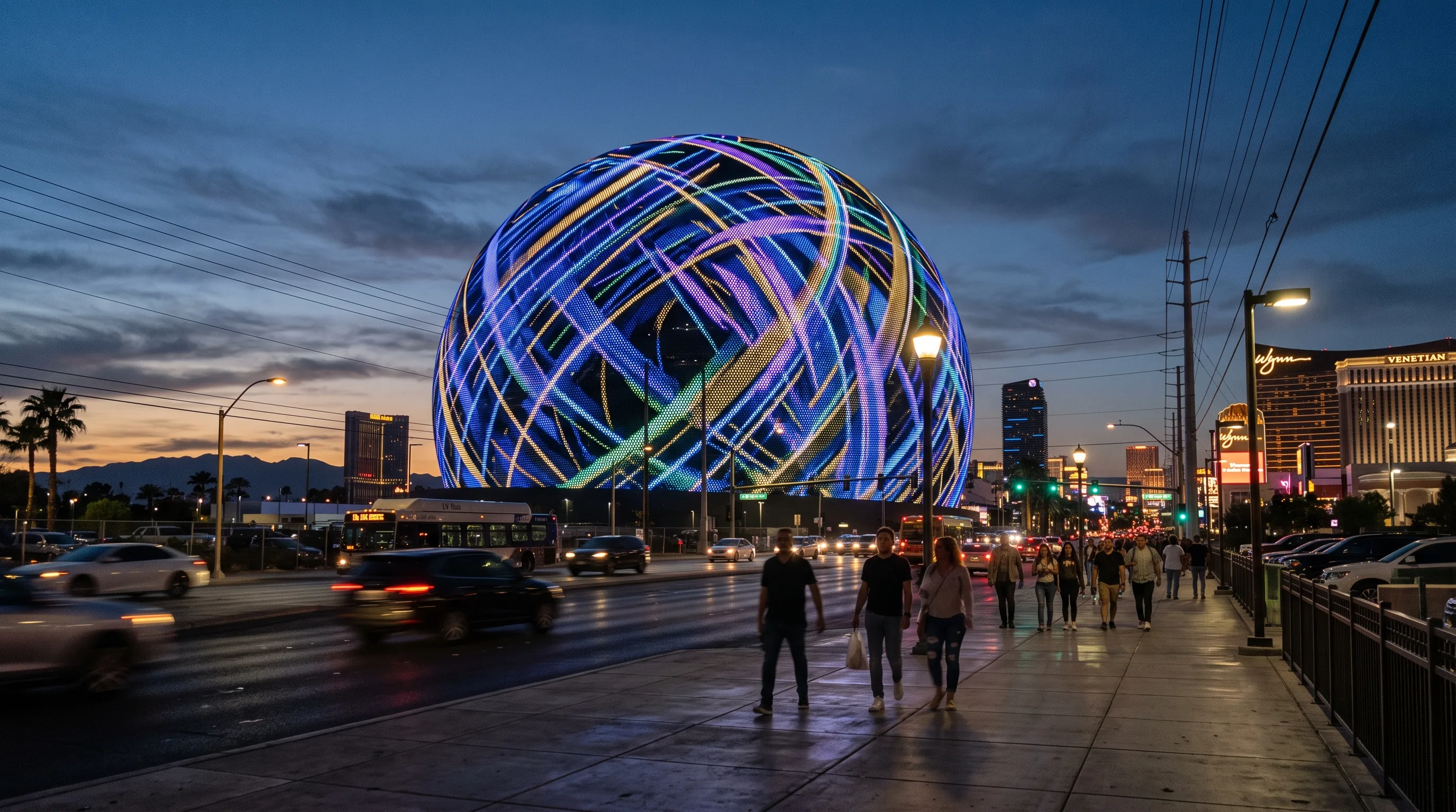 The Sphere in Las Vegas at dusk, its round exterior fully covered in individually controlled LED light points displaying a continuous animation across the curve