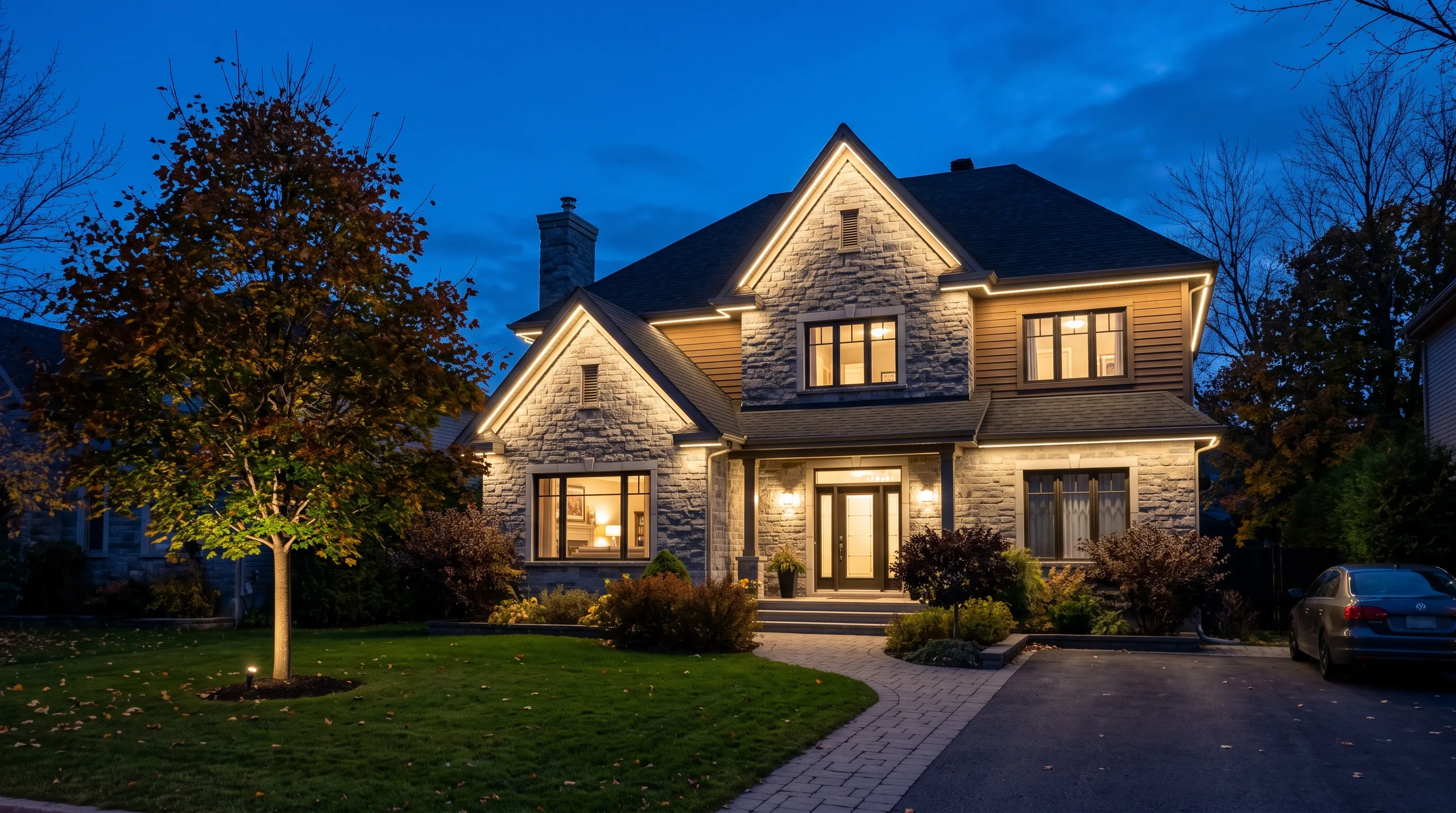Facade of a suburban Montreal home lit in warm white along the roofline at dusk