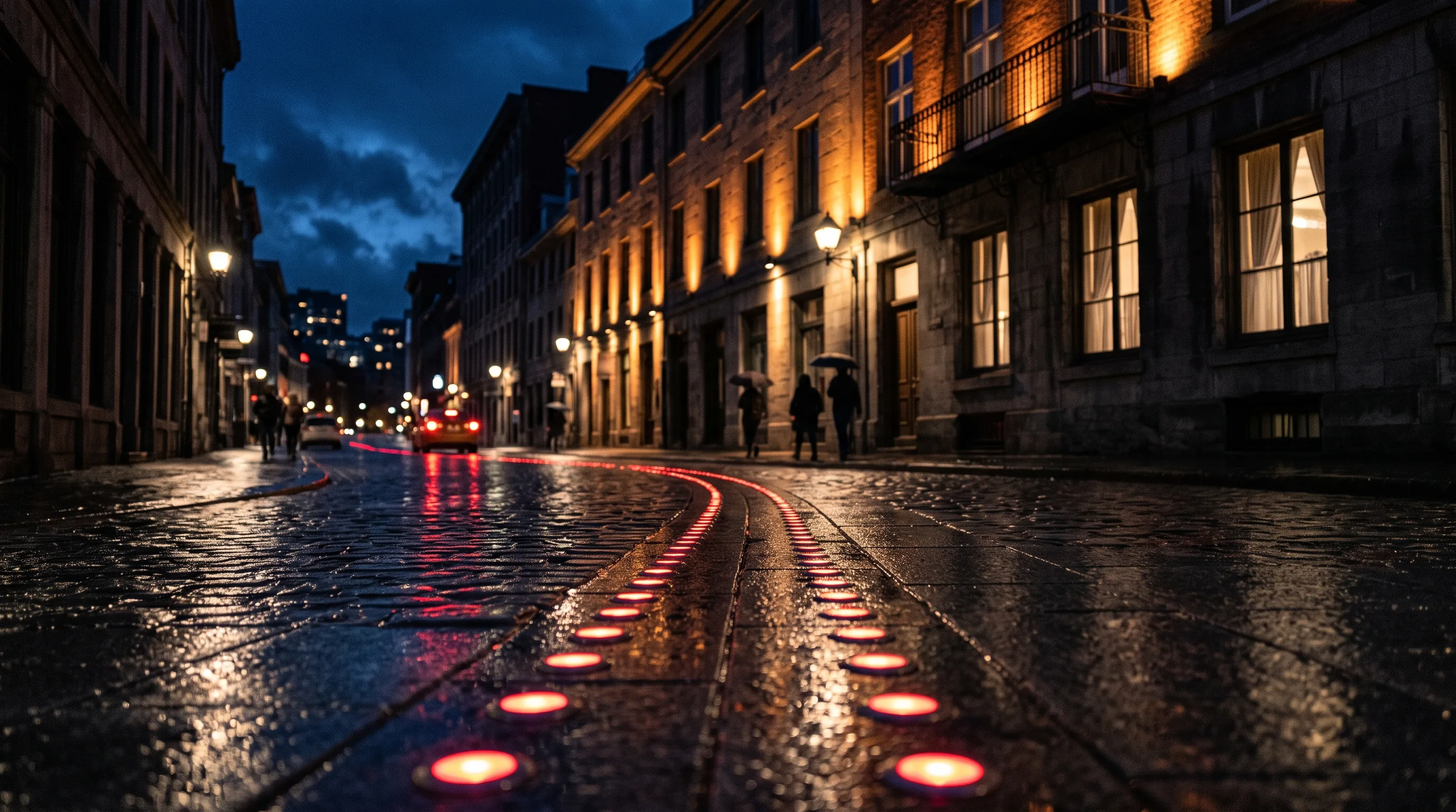 A downtown Montréal sidewalk at night marked by a double line of red light dots projected on the pavement in front of theatre facades