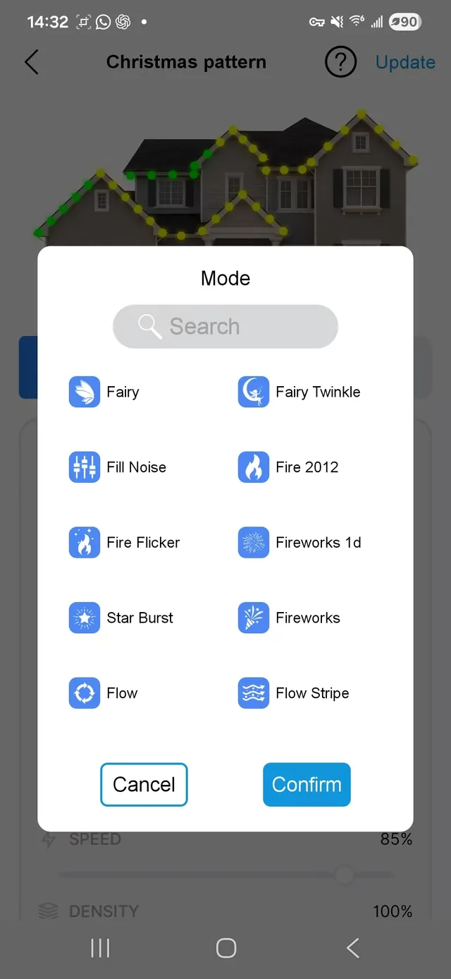 App screen: a menu of animated effects such as twinkle, fire, fireworks and flow.