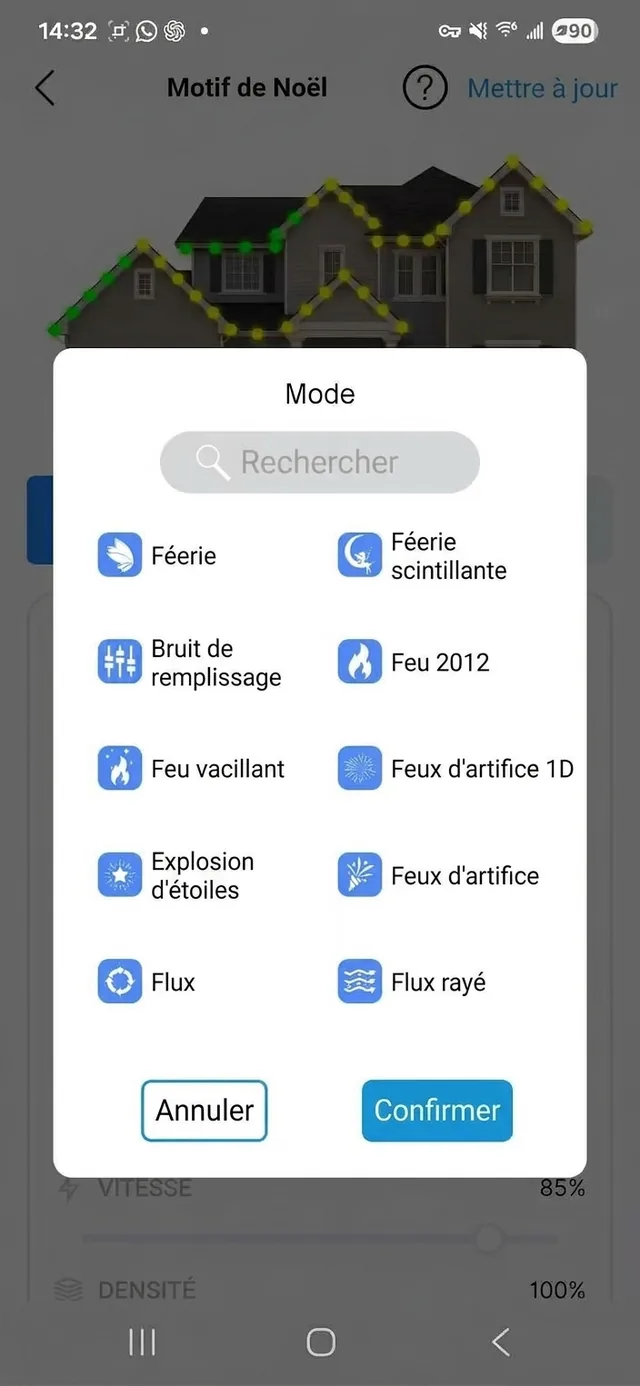 Écran de l’application : un menu d’effets animés, comme féerie, feu, feux d’artifice et flux.