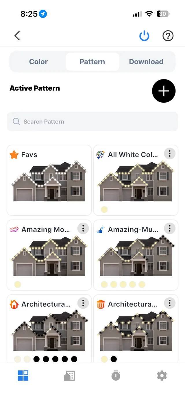 App screen: a grid of lighting patterns, each one previewed on a house.