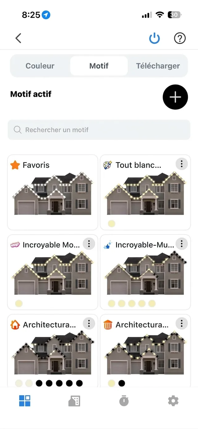 Écran de l’application : une grille de motifs lumineux, chacun présenté sur une maison.