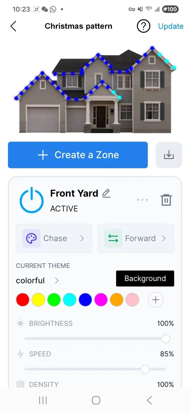 App screen: one zone of the roofline lit in blue, with its colours, brightness and speed.