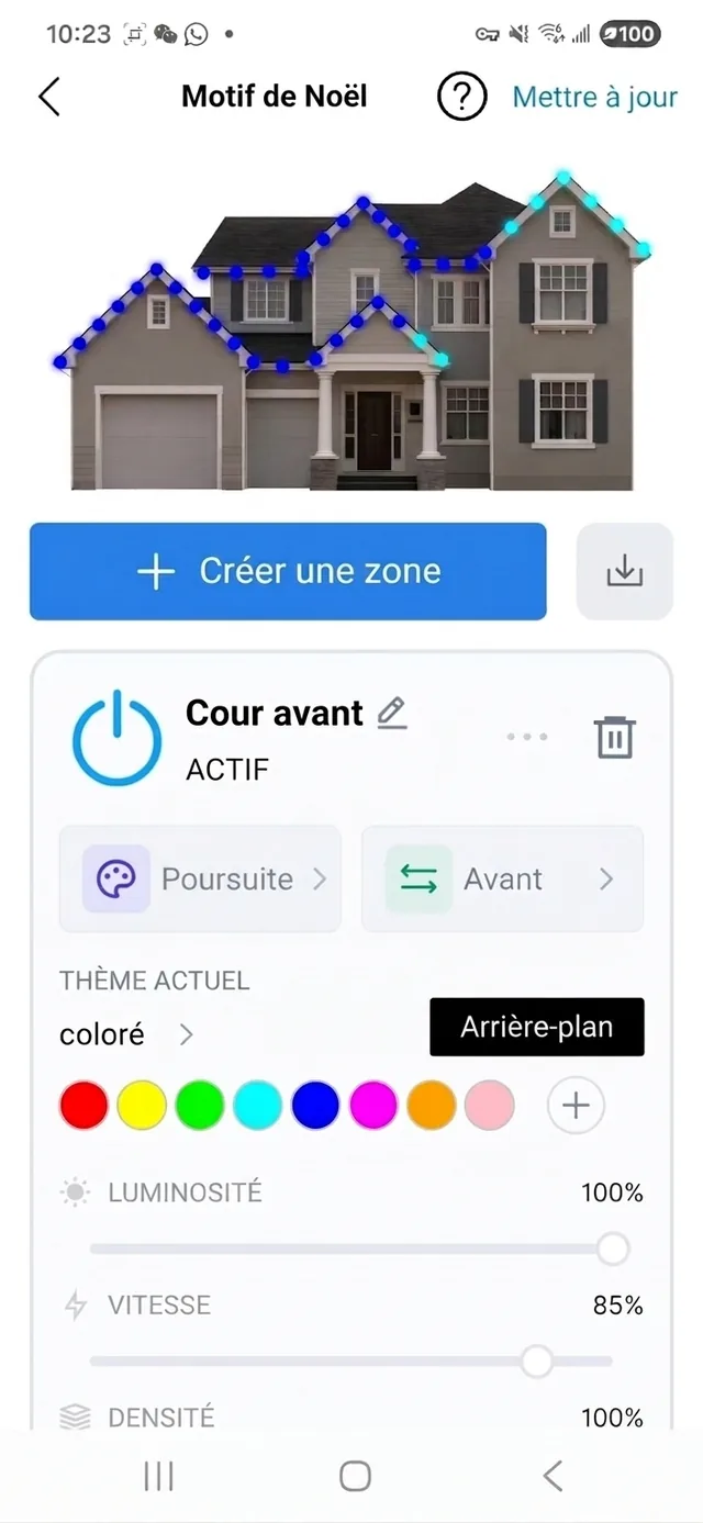 Écran de l’application : une zone de la toiture éclairée en bleu, avec ses couleurs, sa luminosité et sa vitesse.