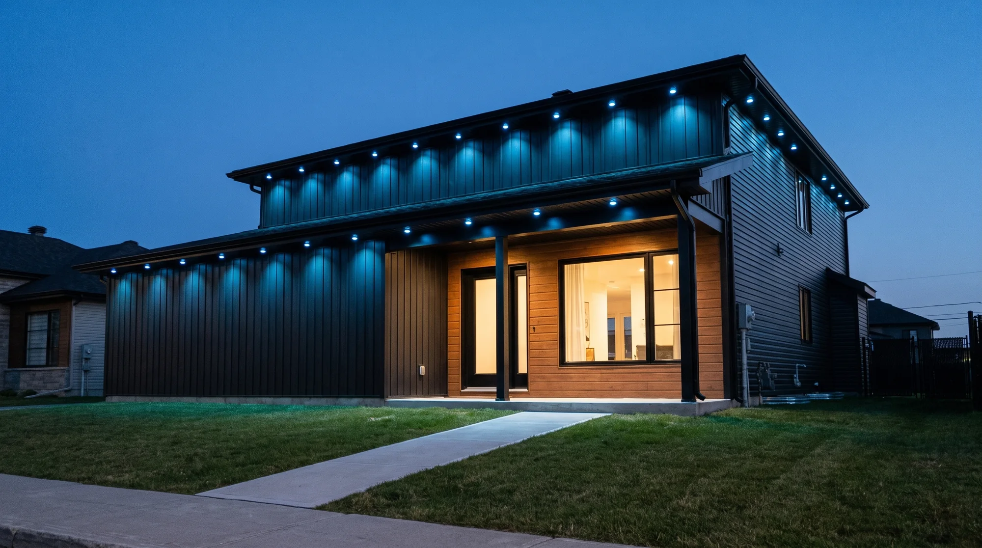 Maison contemporaine à la tombée du jour, toute sa ligne de toit allumée en bleu par les points lumineux du kit