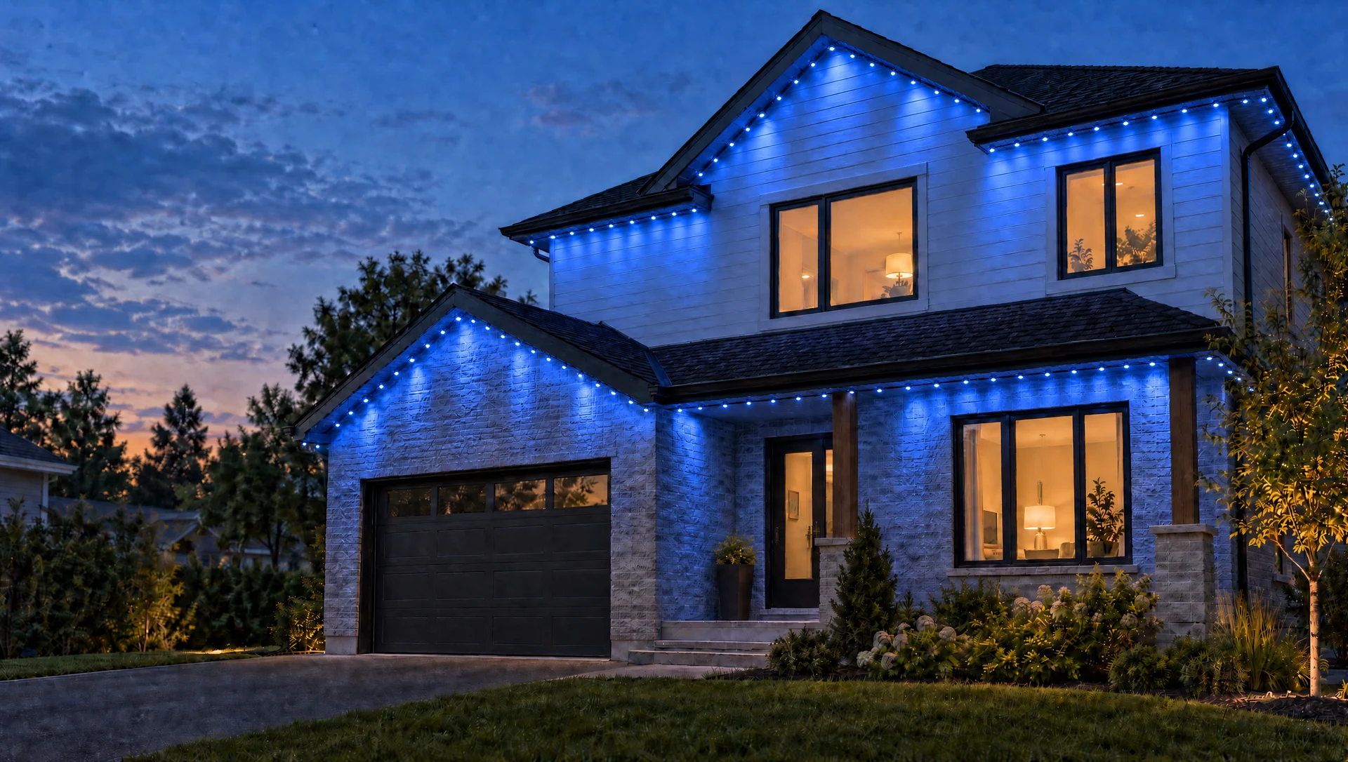The same house at dusk with blue lighting beneath the edges of the roof.