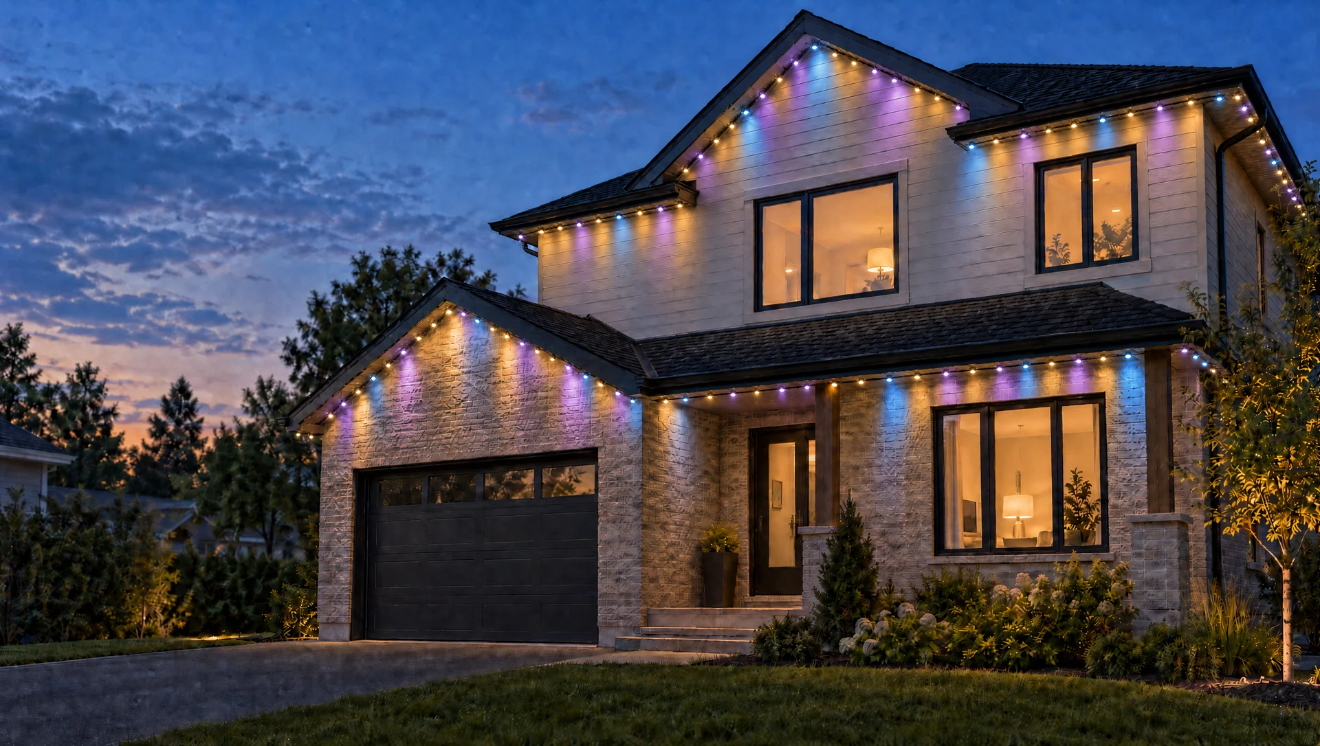 The same house at dusk with several colours of lighting beneath the edges of the roof.