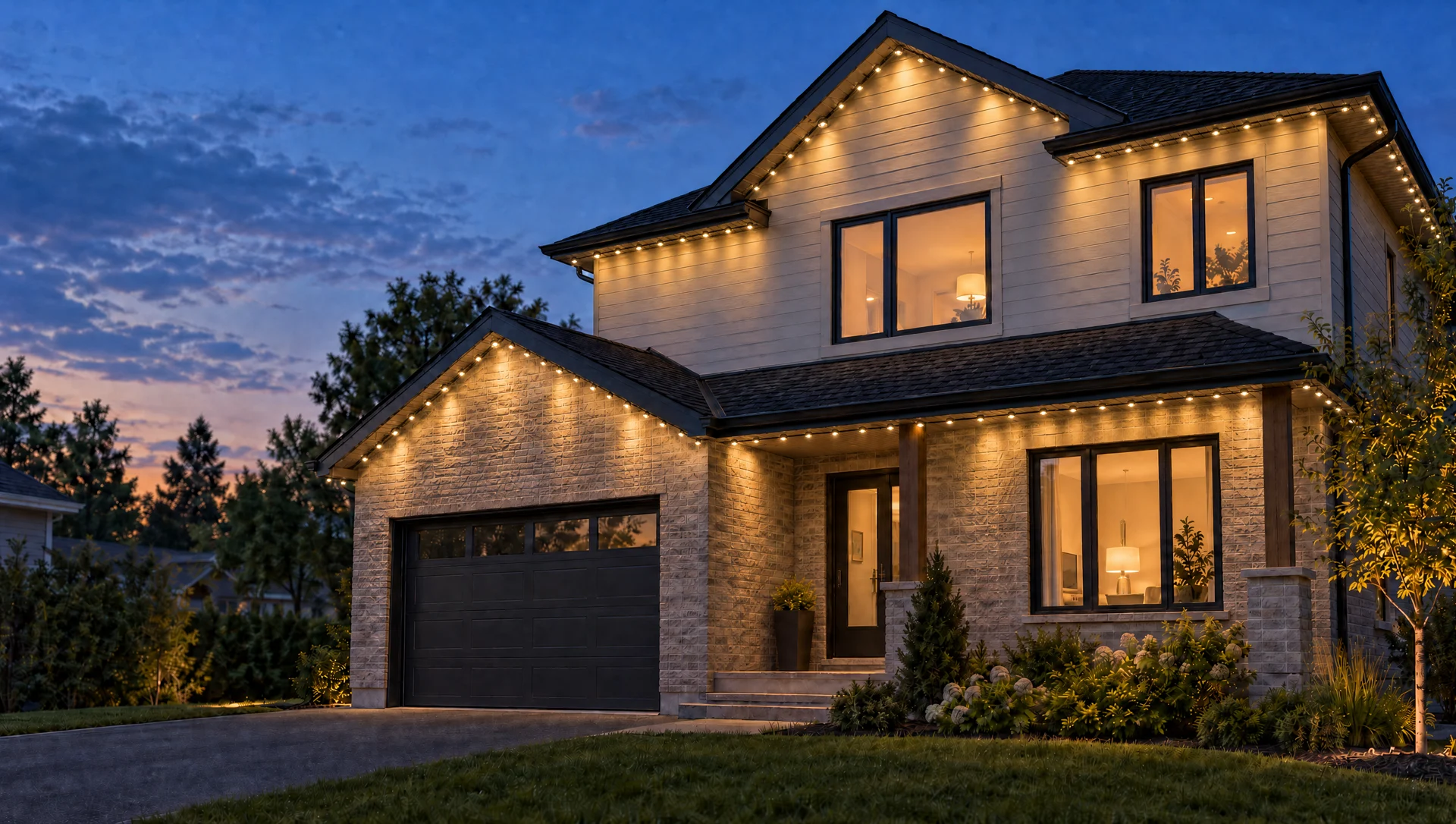 A house at dusk with warm white lighting beneath the edges of the roof.