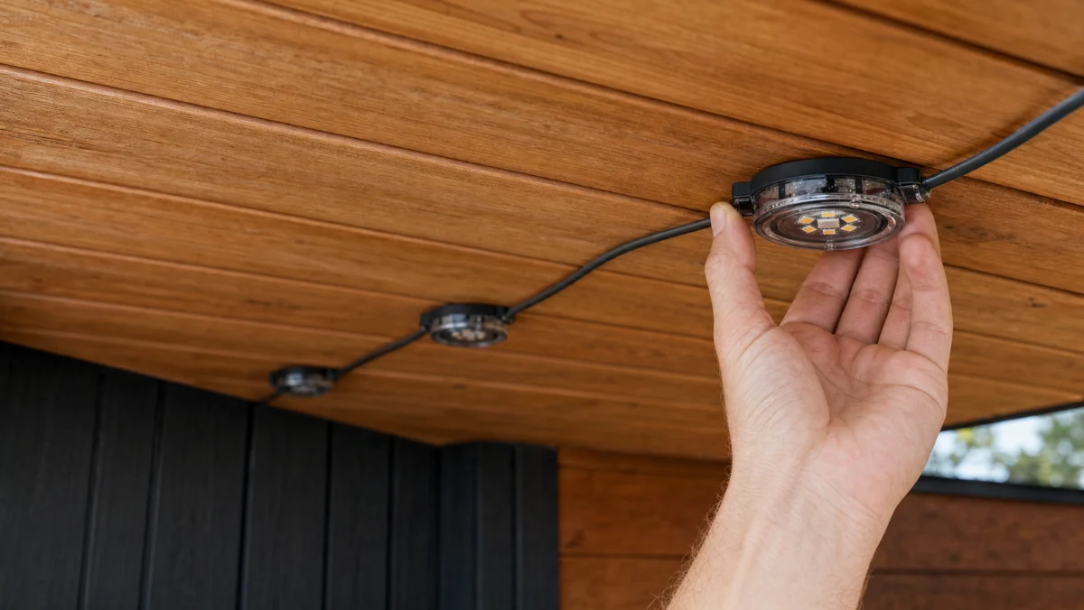 A hand positions a light beneath a cedar soffit, in a closely spaced row.