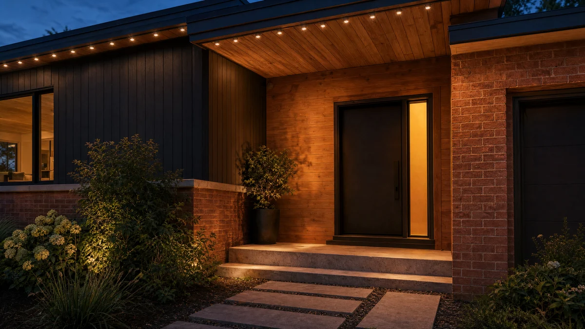 A cedar entrance lit in warm white by small lights beneath the soffit.